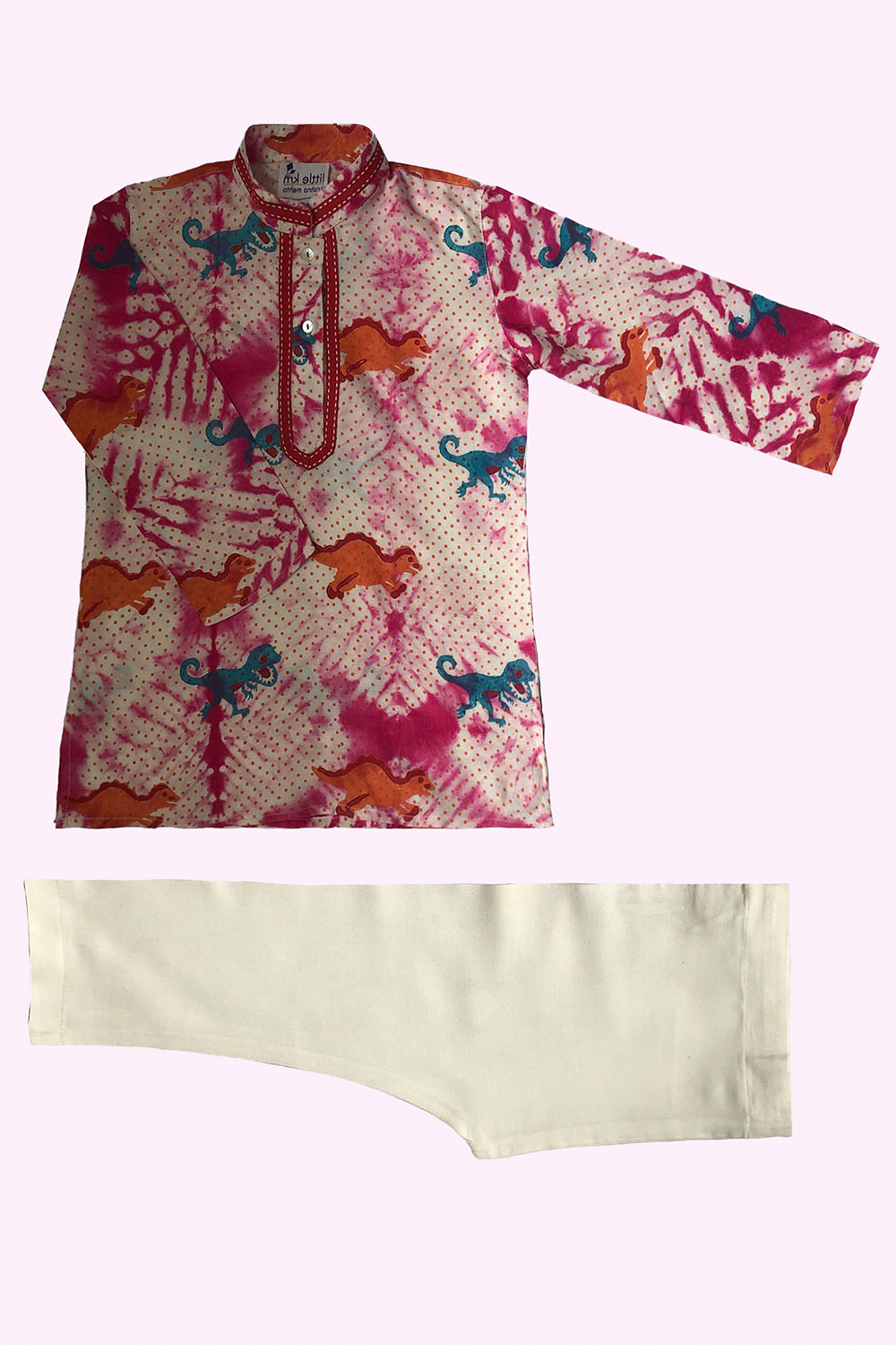 Pink Tie-Dye Block Printed Dinosaur Kurta Set