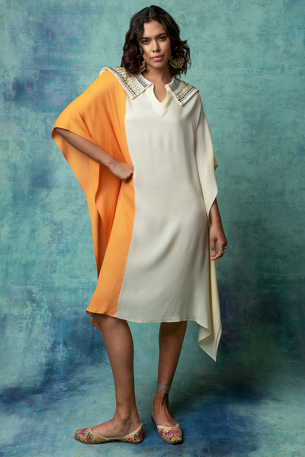 Ivory And Orange Yellow  Embroidered Colorblocked  Kaftan