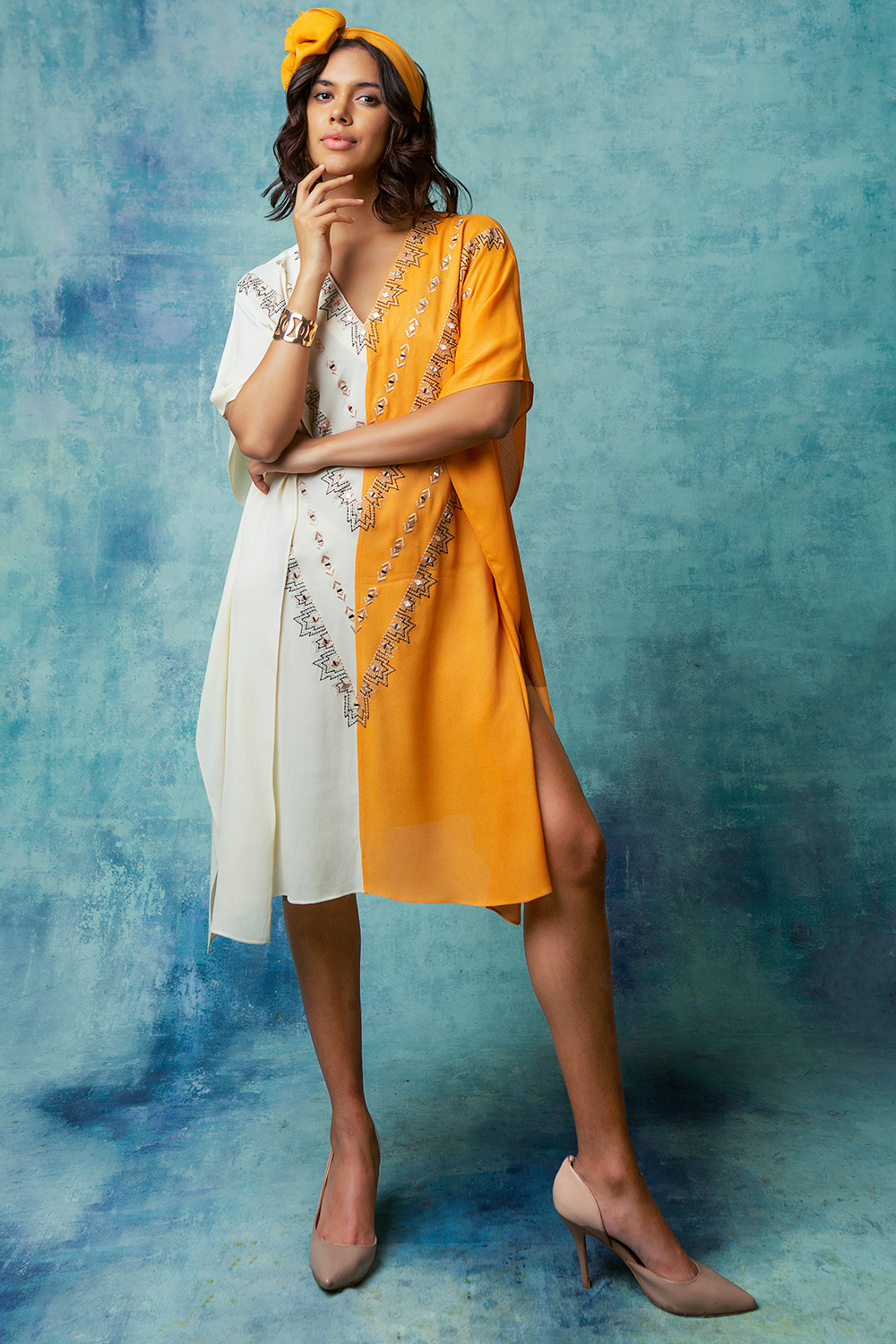 Ivory And Orange Yellow  Embroidered Colorblocked  Kaftan