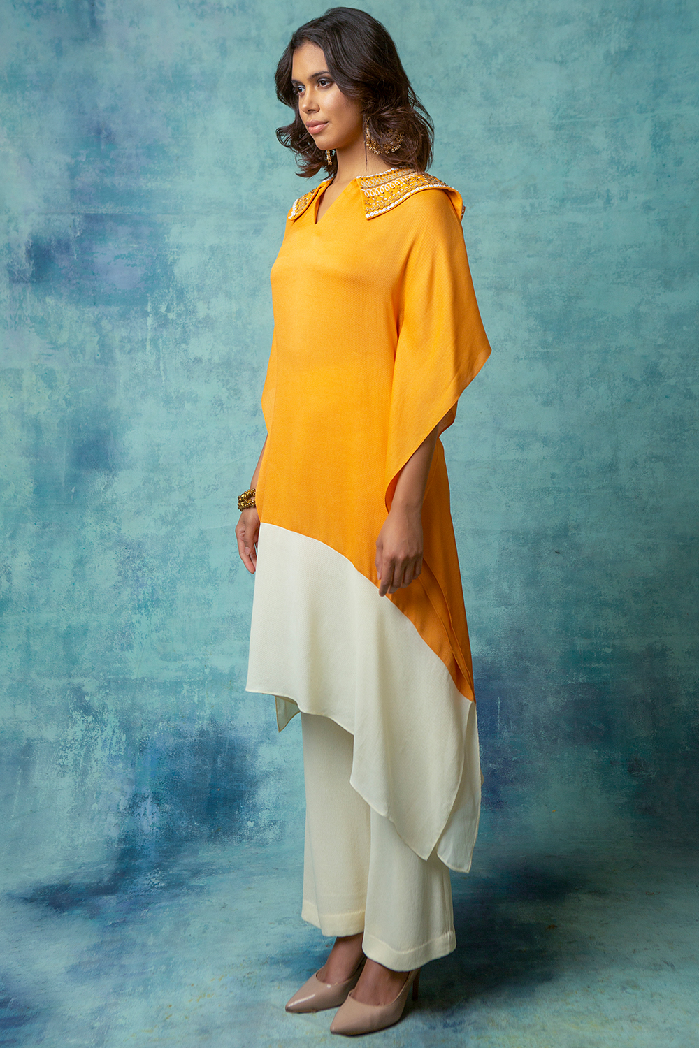 Ivory And Orange Yellow  Embroidered Colorblocked  Kaftan With Pants