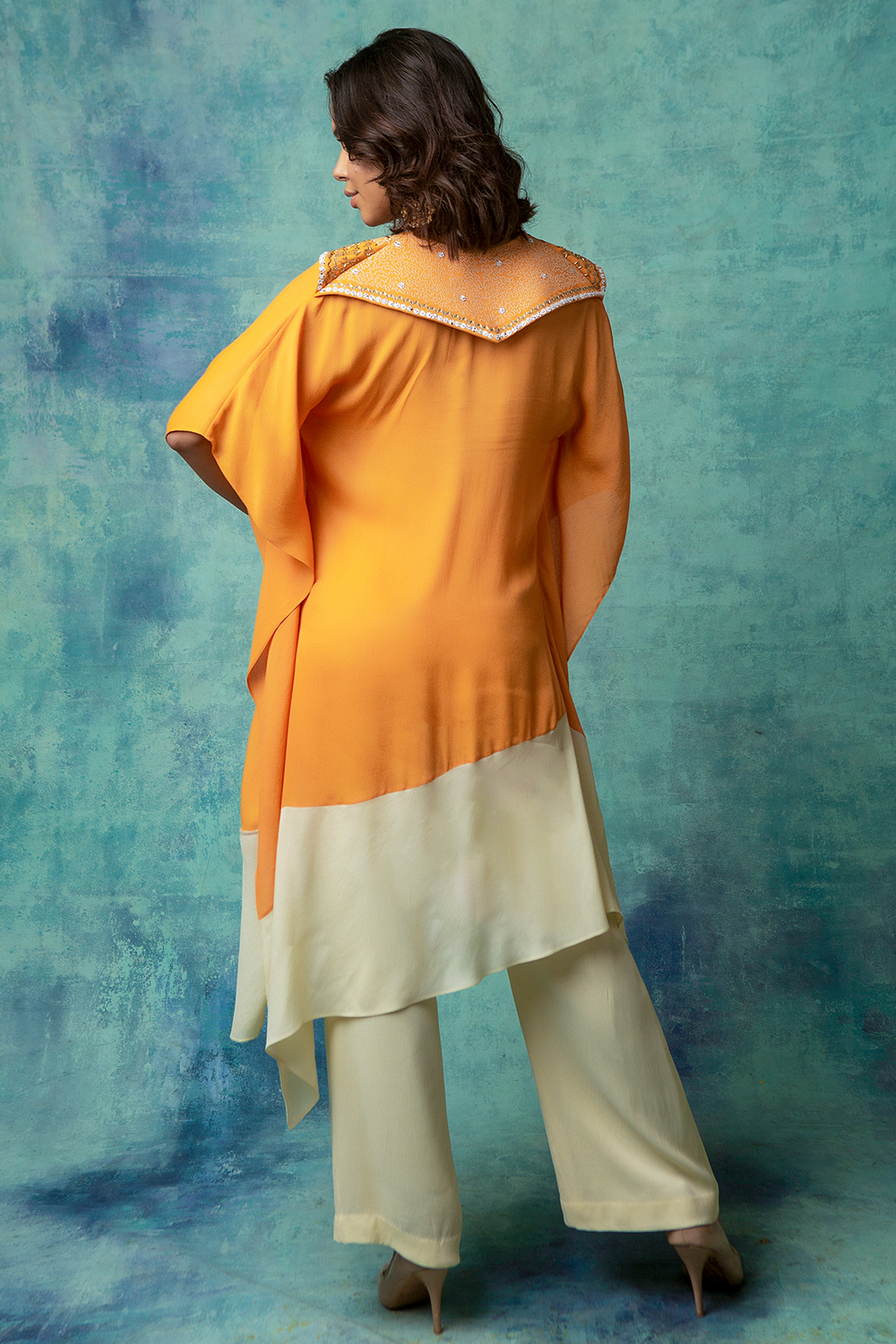 Ivory And Orange Yellow  Embroidered Colorblocked  Kaftan With Pants