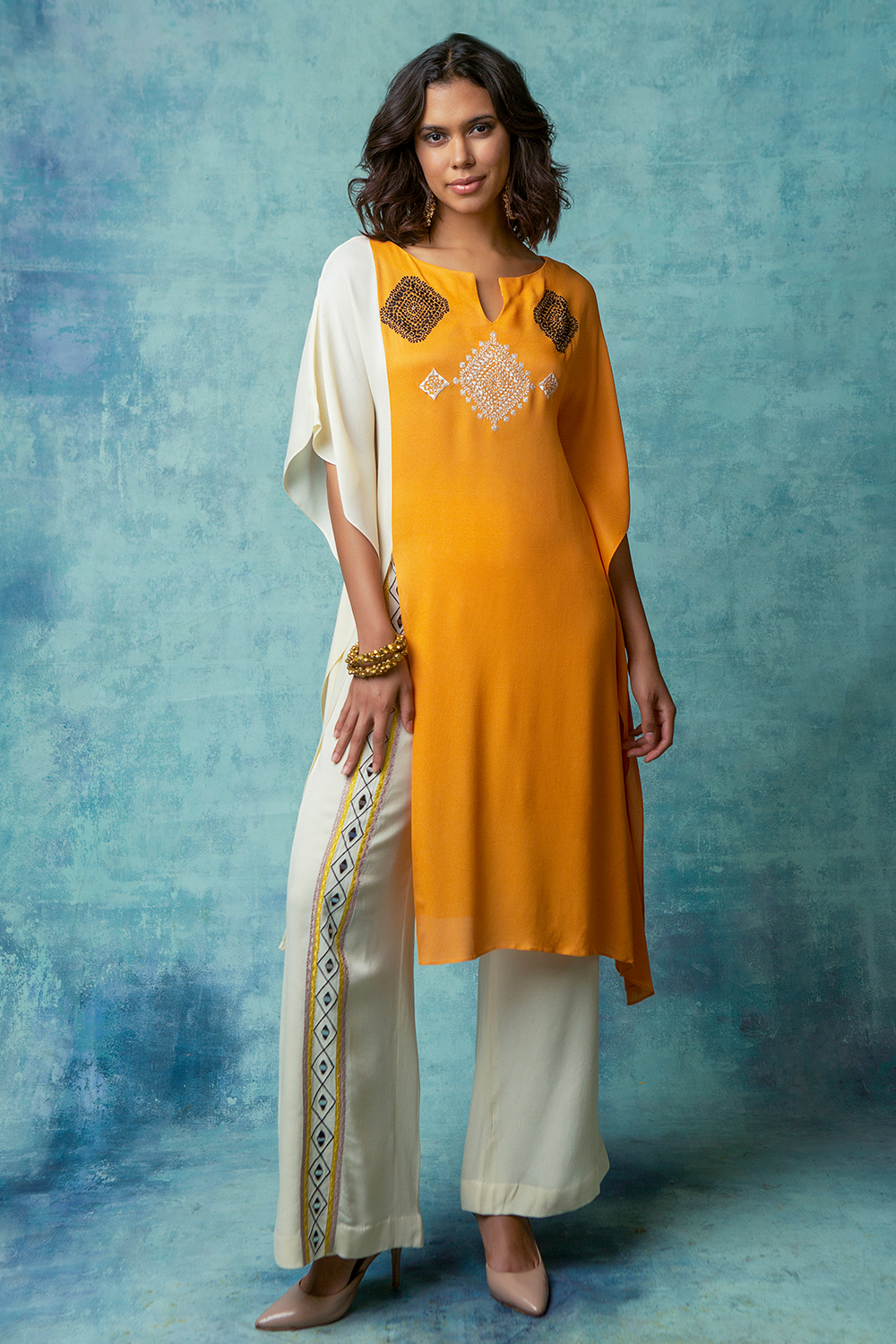 Ivory And Orange Yellow  Embroidered Colorblocked  Kaftan With Embroidered Palazzo Pants