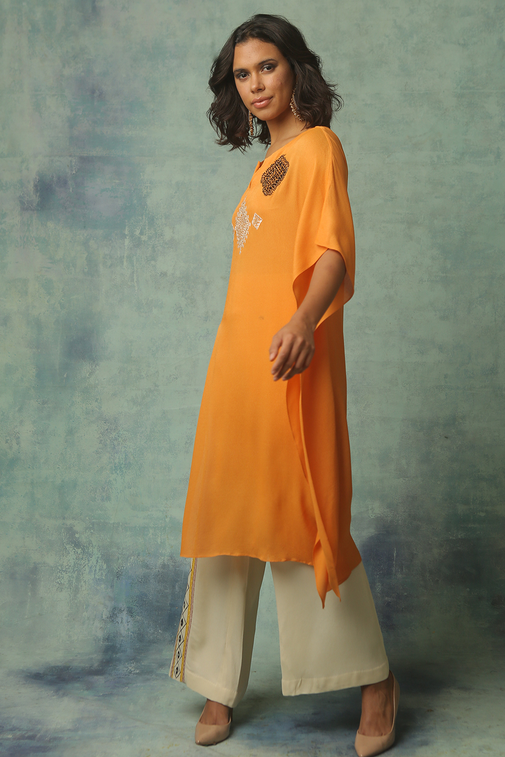 Ivory And Orange Yellow  Embroidered Colorblocked  Kaftan With Embroidered Palazzo Pants