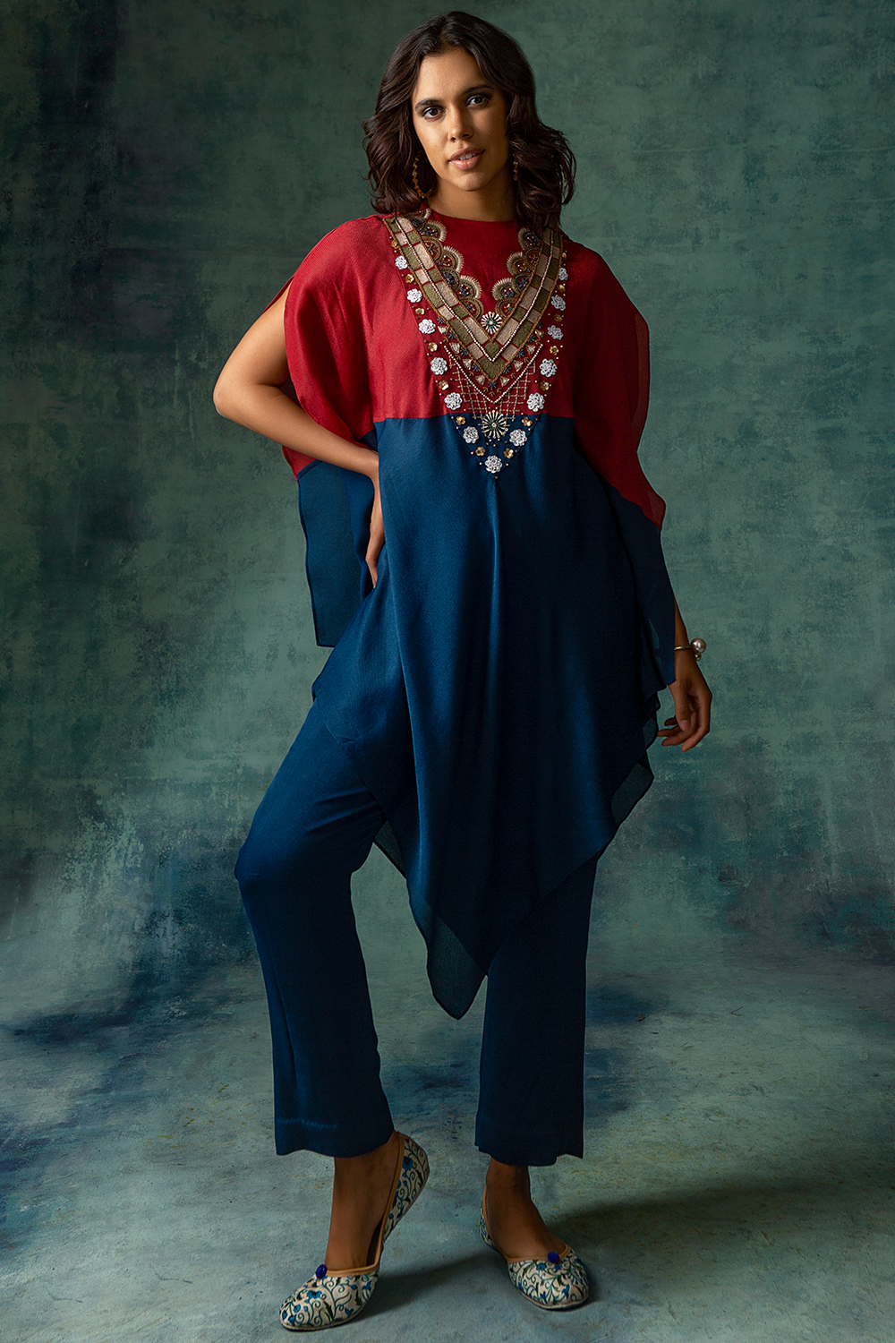Navy And Maroon Embroidered Colorblocked  Kaftan With Pants