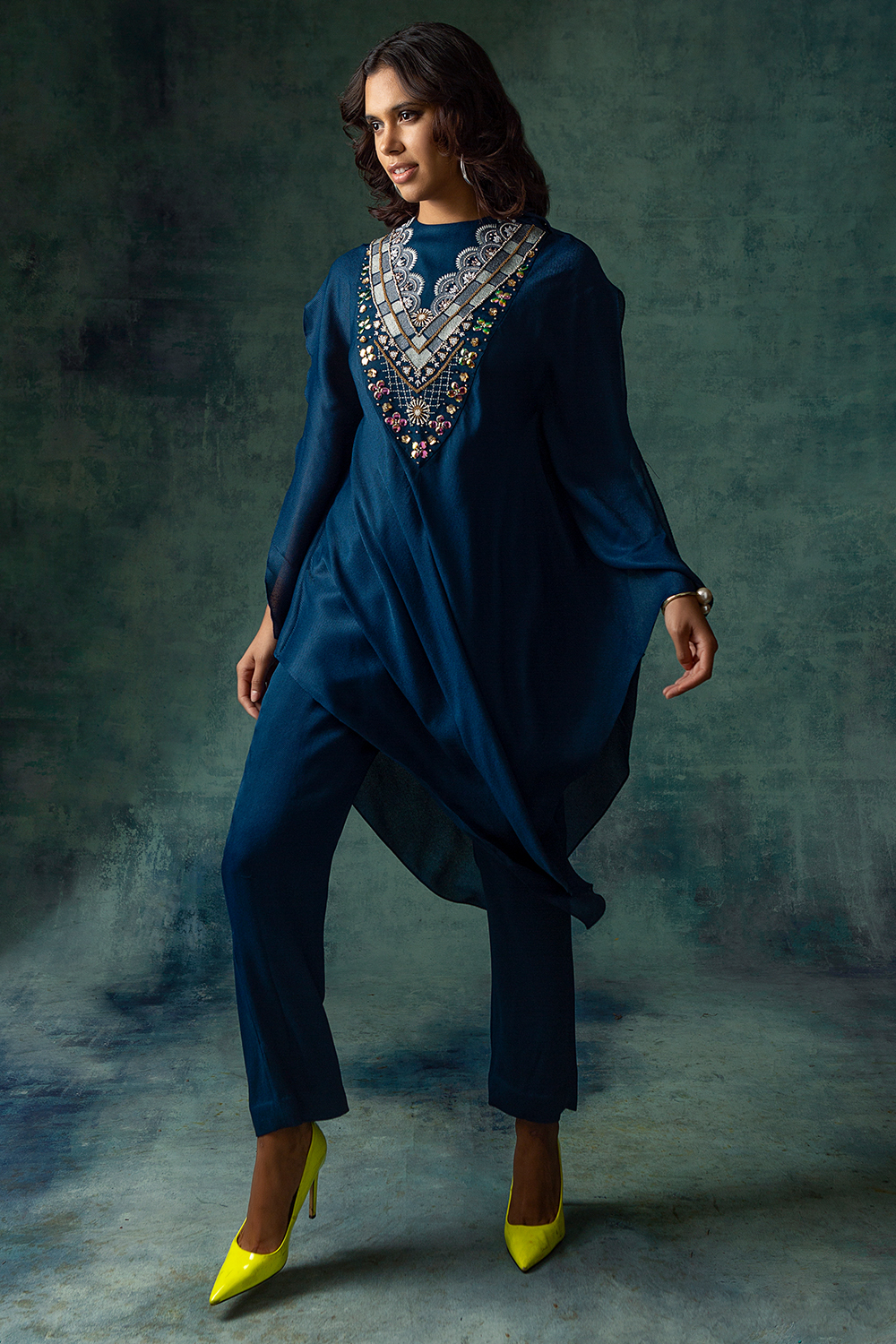 Navy Embroidered  Kaftan With Pants