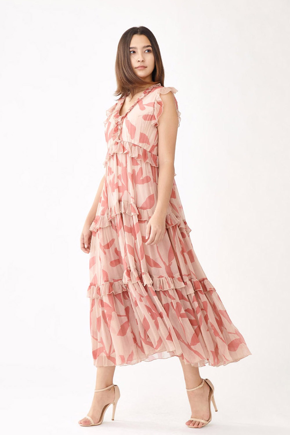 Pink Floral Layered Midi Dress