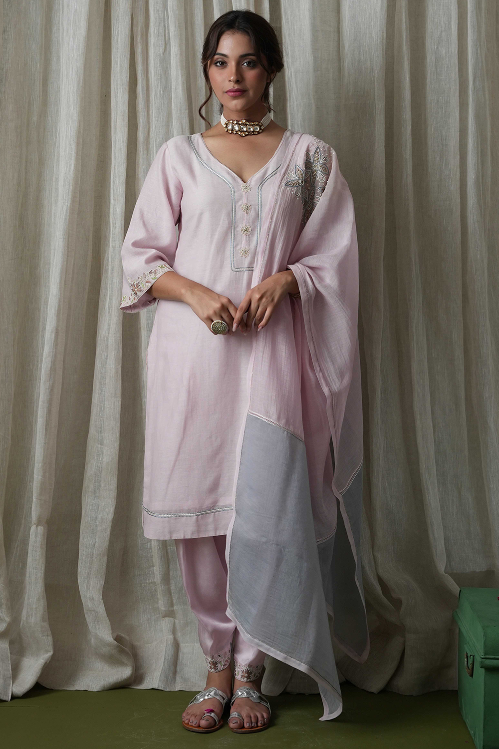 Pink Kurta Set With Resham And Thread Work On Sleeves And Buttons In Placket