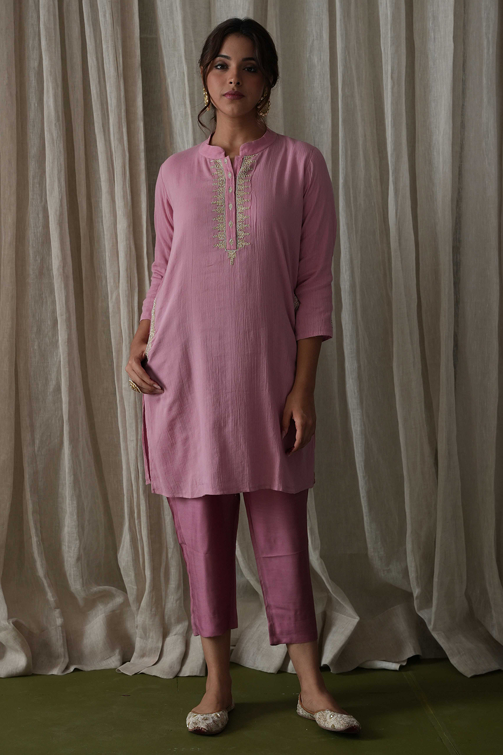 Onion Pink Crinckled Cotton Kurta With Hand Embroidery
