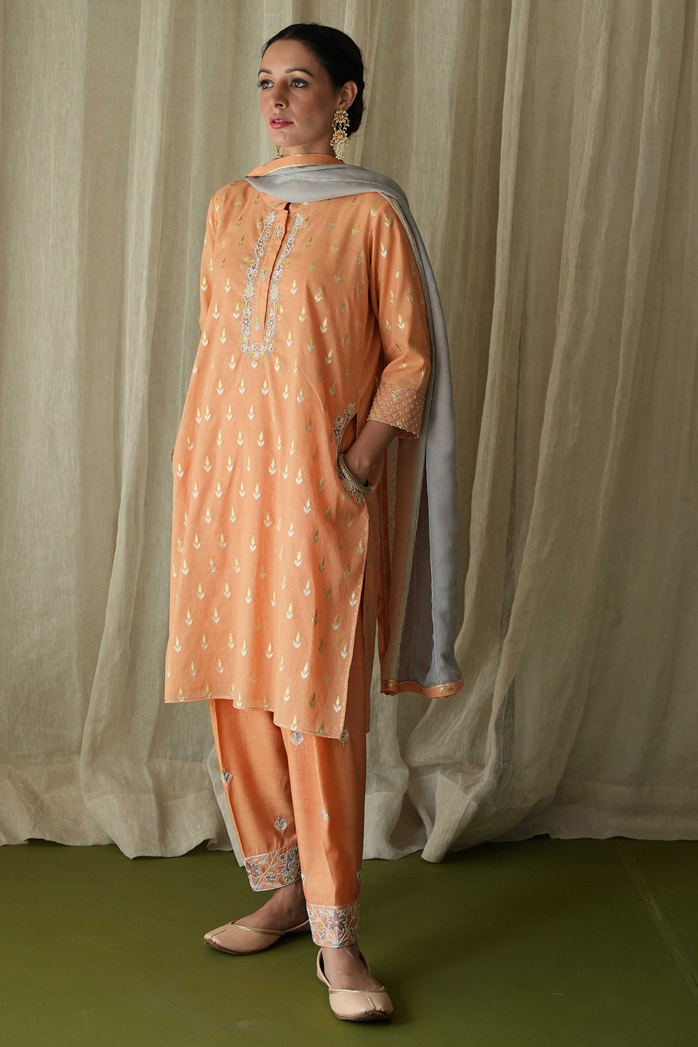 Orange Suit Set With Pearl And Resham Hand Embroidery