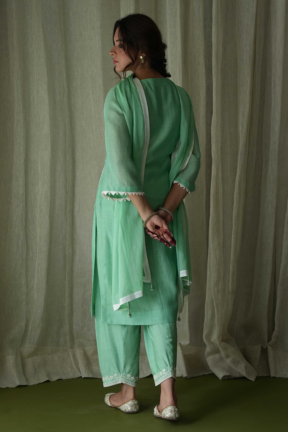 Pista Suit Set With Pearl Hand Embroidery On Kurta And Sleeves