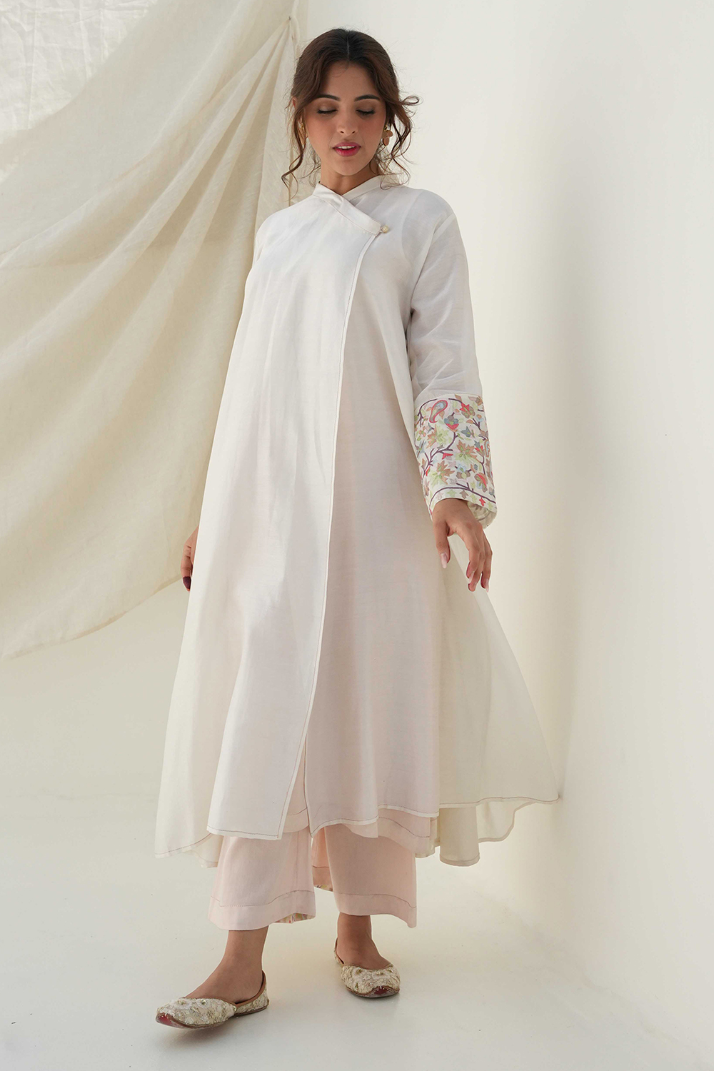 White Angrakha Kurta Set With Resham Kashmiri Embroidery