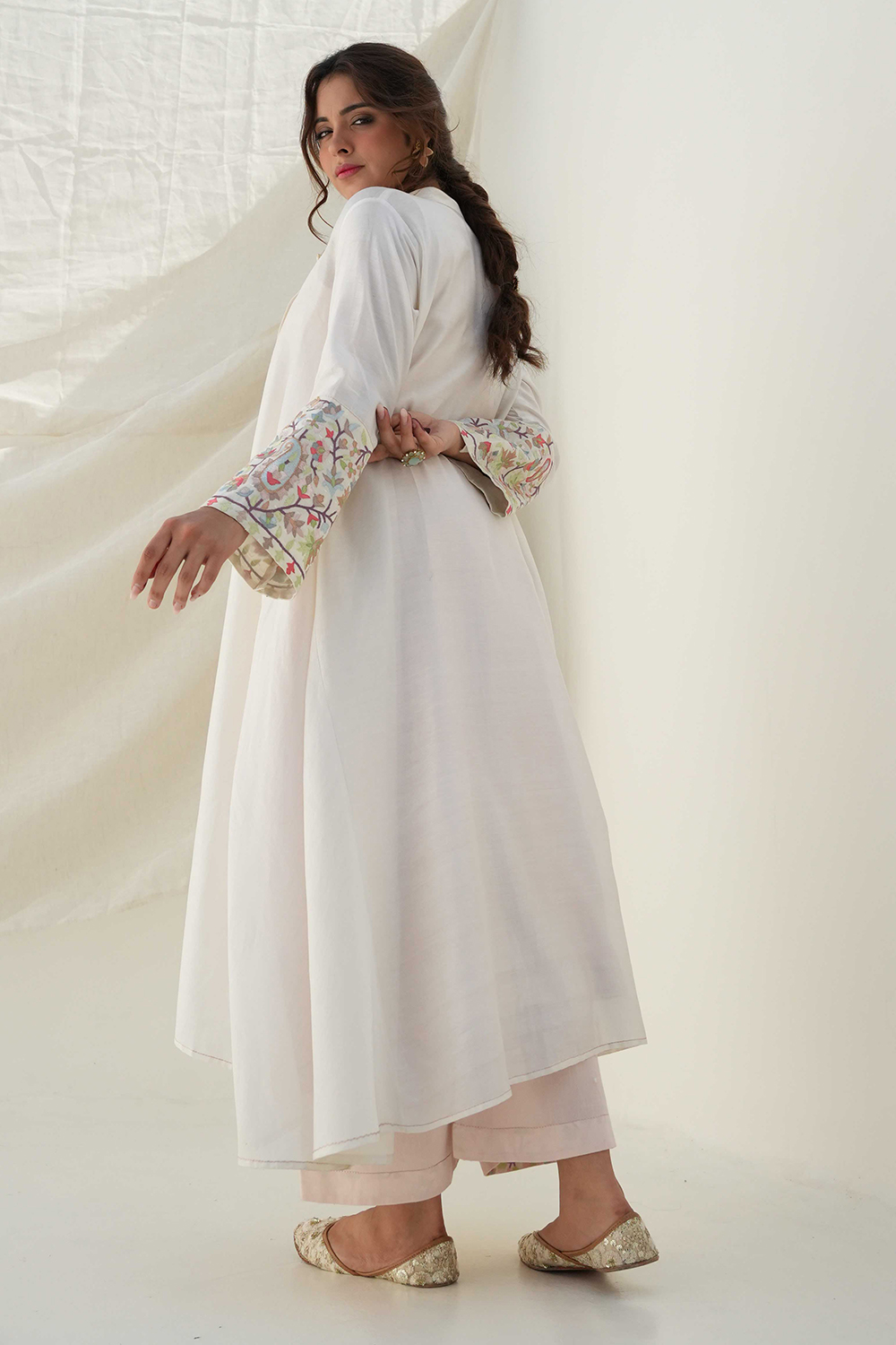 White Angrakha Kurta Set With Resham Kashmiri Embroidery