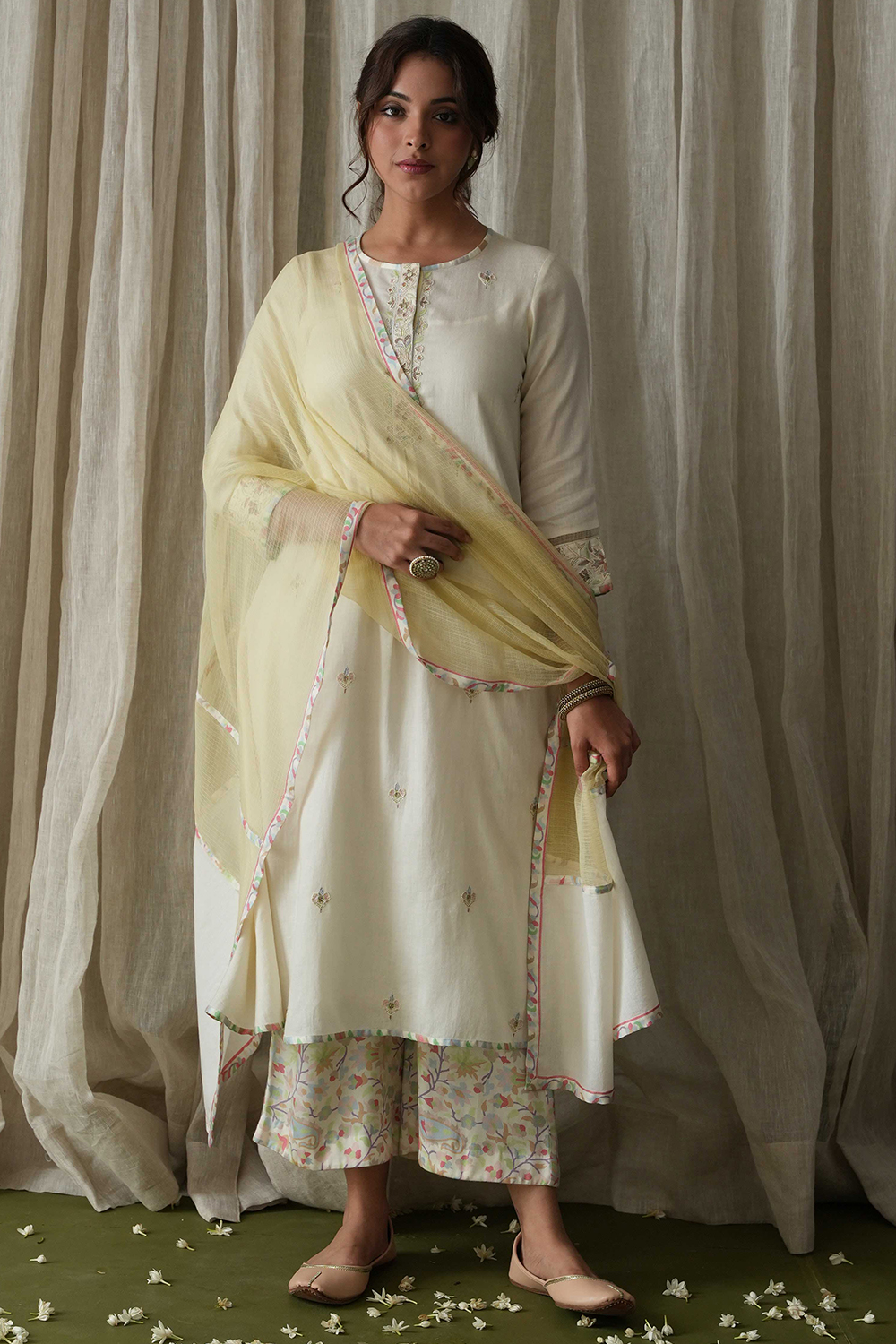 Off White Suit Set Set With Pearl And Resham Hand Embroidery