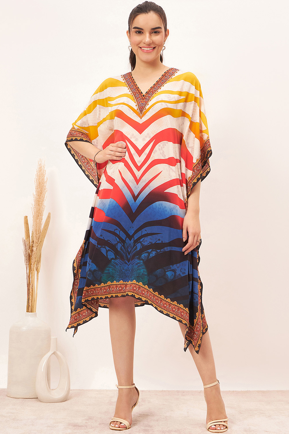 Multicoloured Masai Print Silk Kaftan Tunic