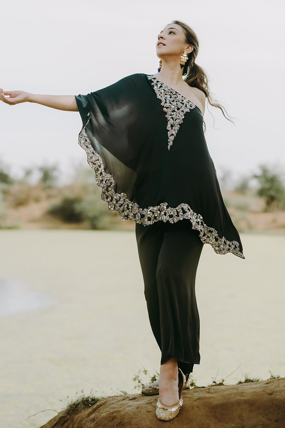 One Shoulder Asymmetric Embroidered Tunic With Pants