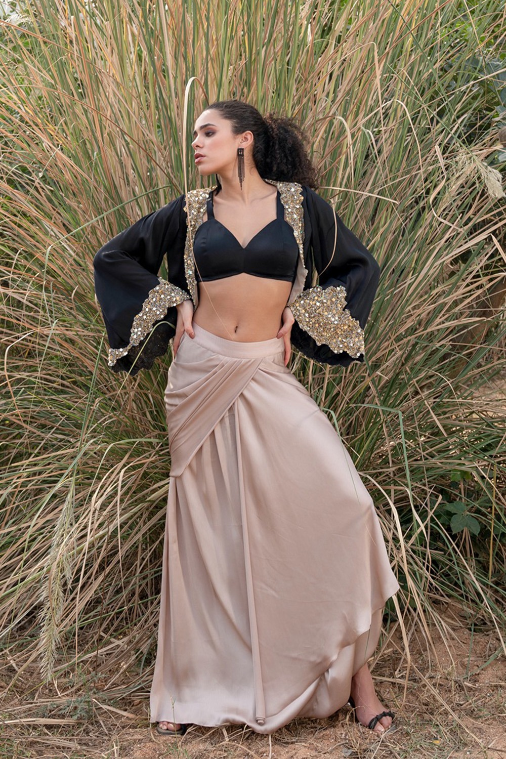Beige Drape Skirt With Bustier And Embroidered Jacket