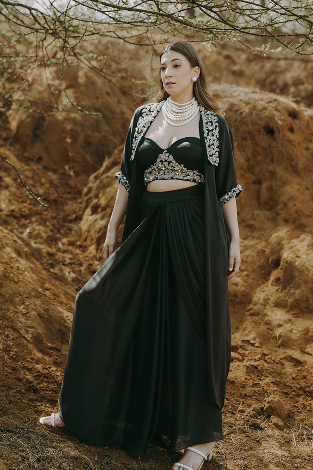 Black Embroidered Corset Bustier With Draped Skirt & Embroidered Long Jacket