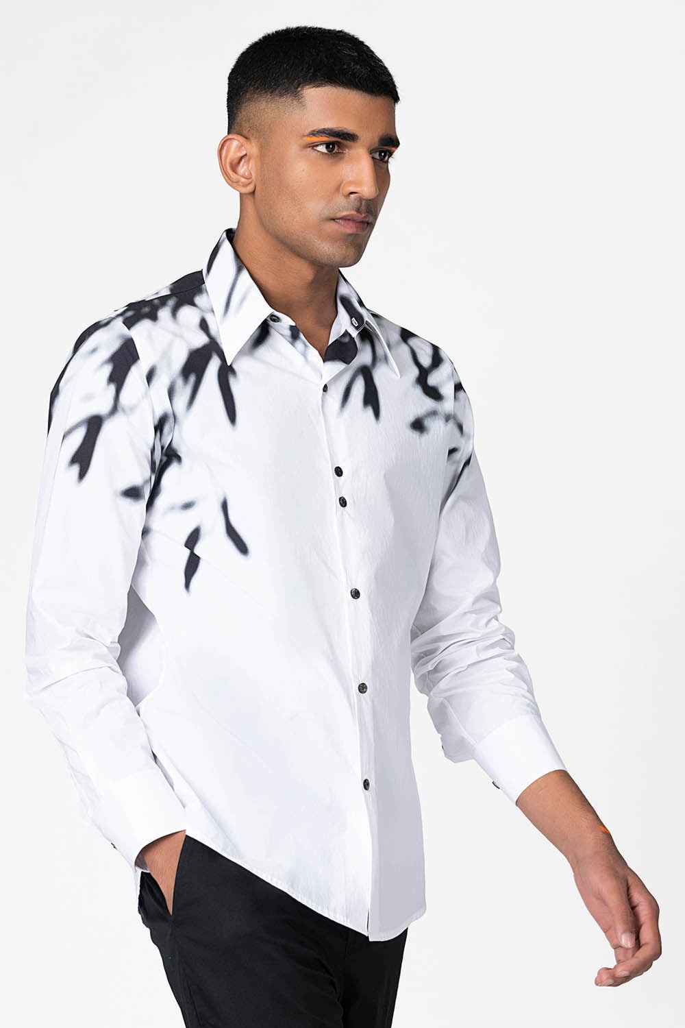 White Bamboo Leaf Printed Mens Shirt