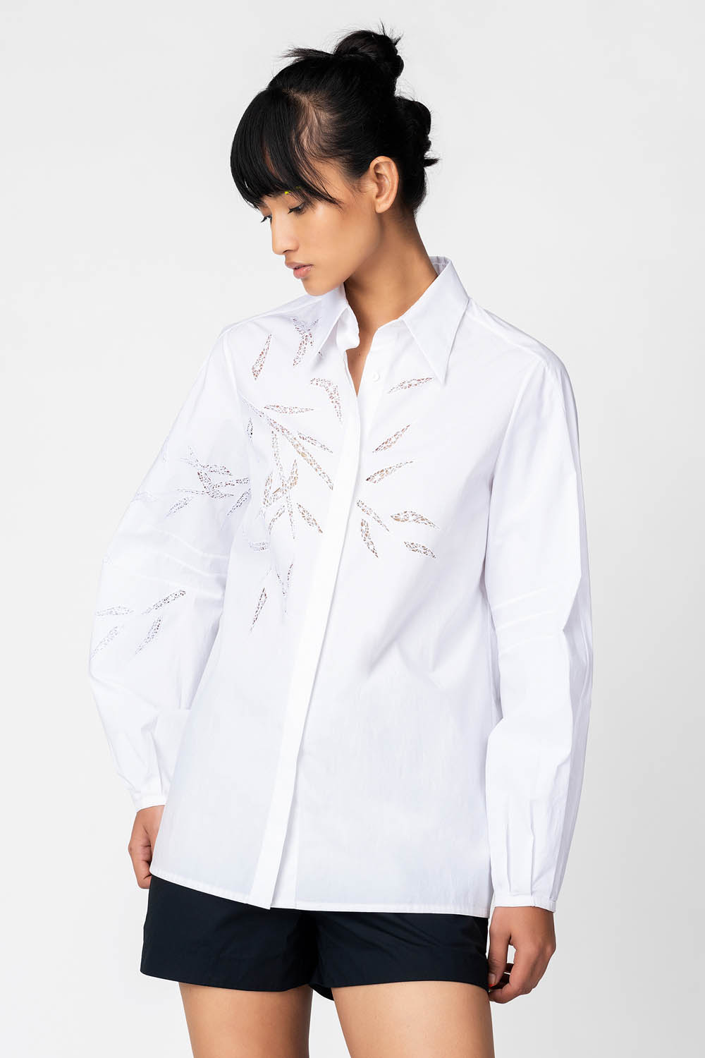 White Cutwork Pleated Shirt 