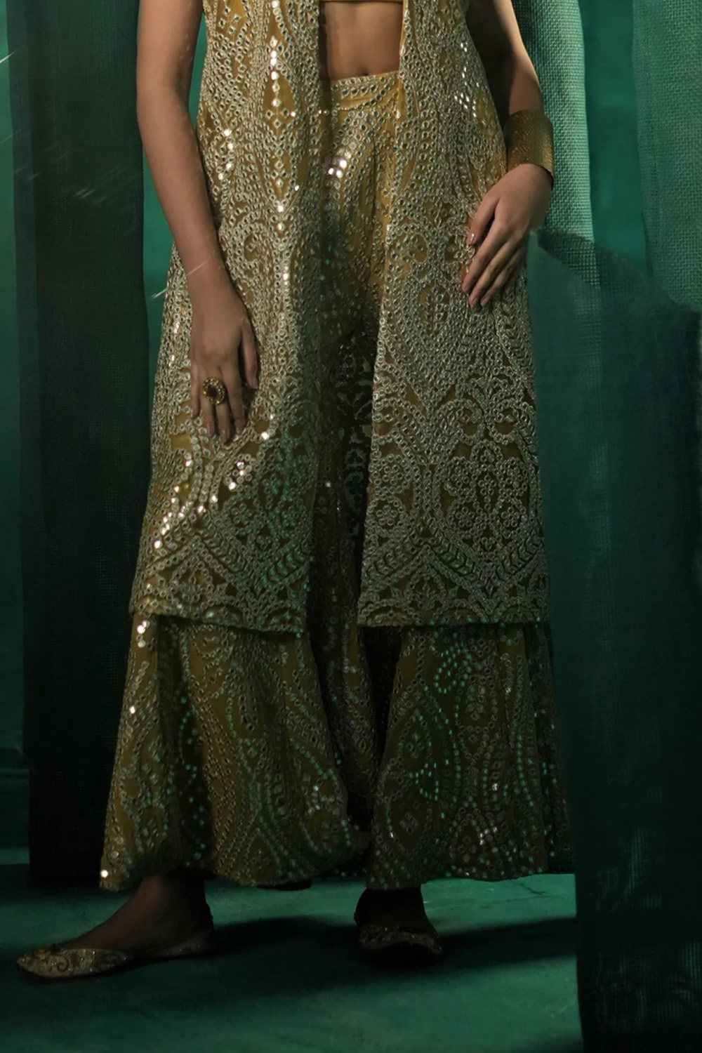 Embellished Sharara in Silver Zari Mirrorwork Georgette - Golden Yellow