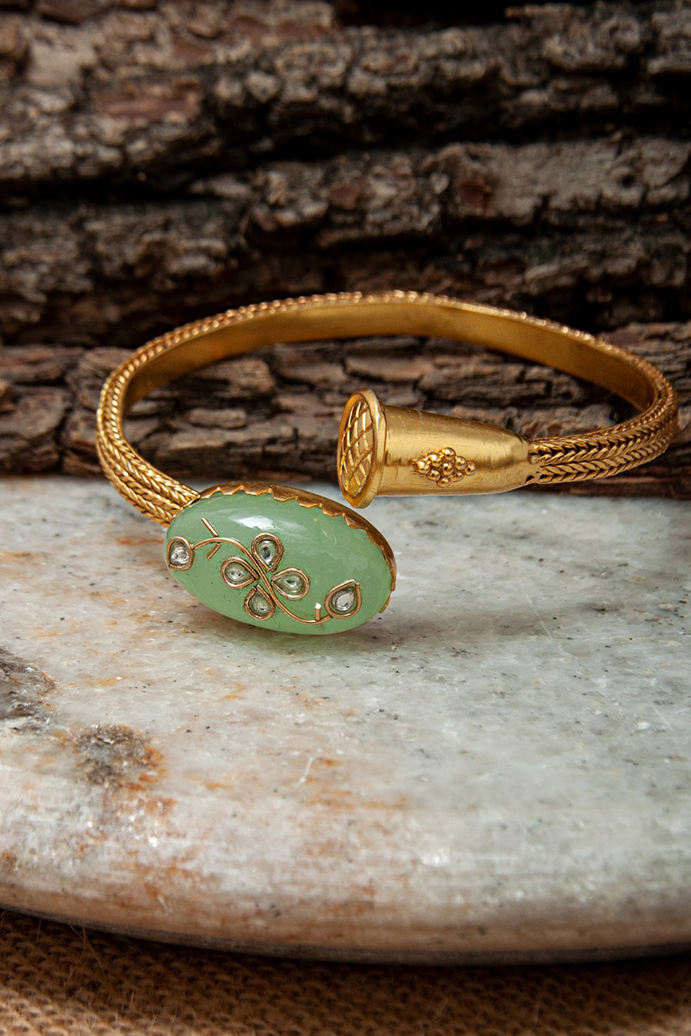 925 Sterling Silver Gold Plated Fusion Bangle with Chalcedony and Kundan work
