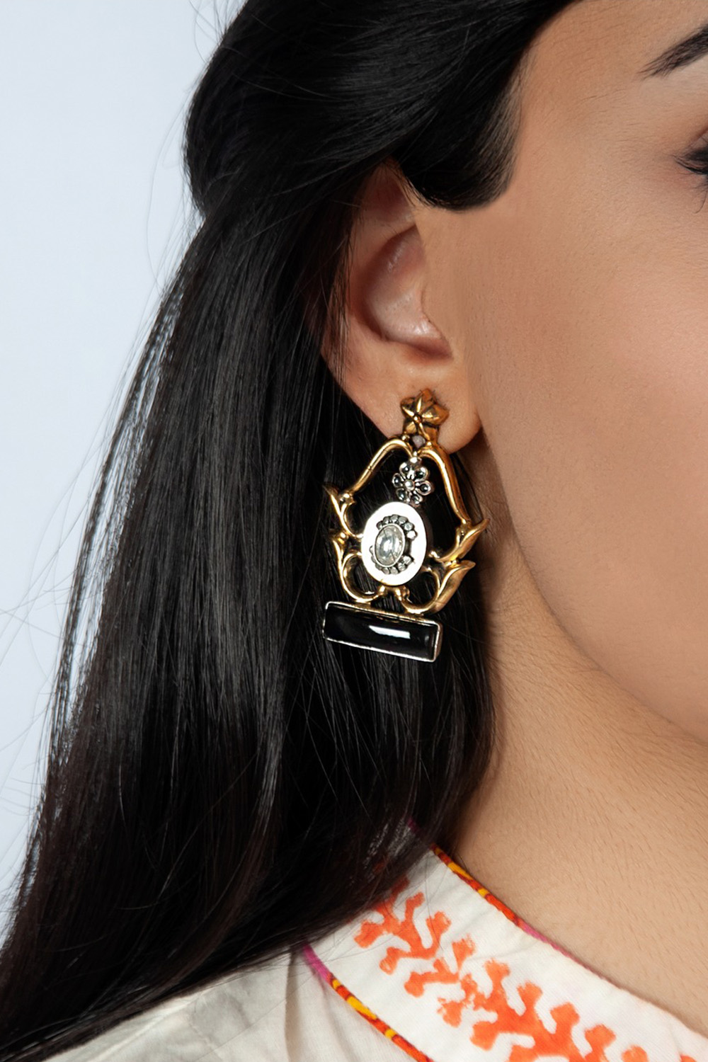 925 Sterling Silver Two Tone Earrings with Black Onyx and Kundan