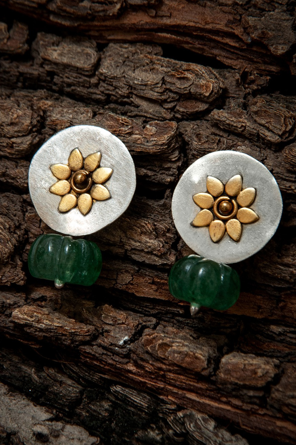 925 Sterling Silver Two Tone Sunflower Earrings with Melon Cut Green Onyx Drop