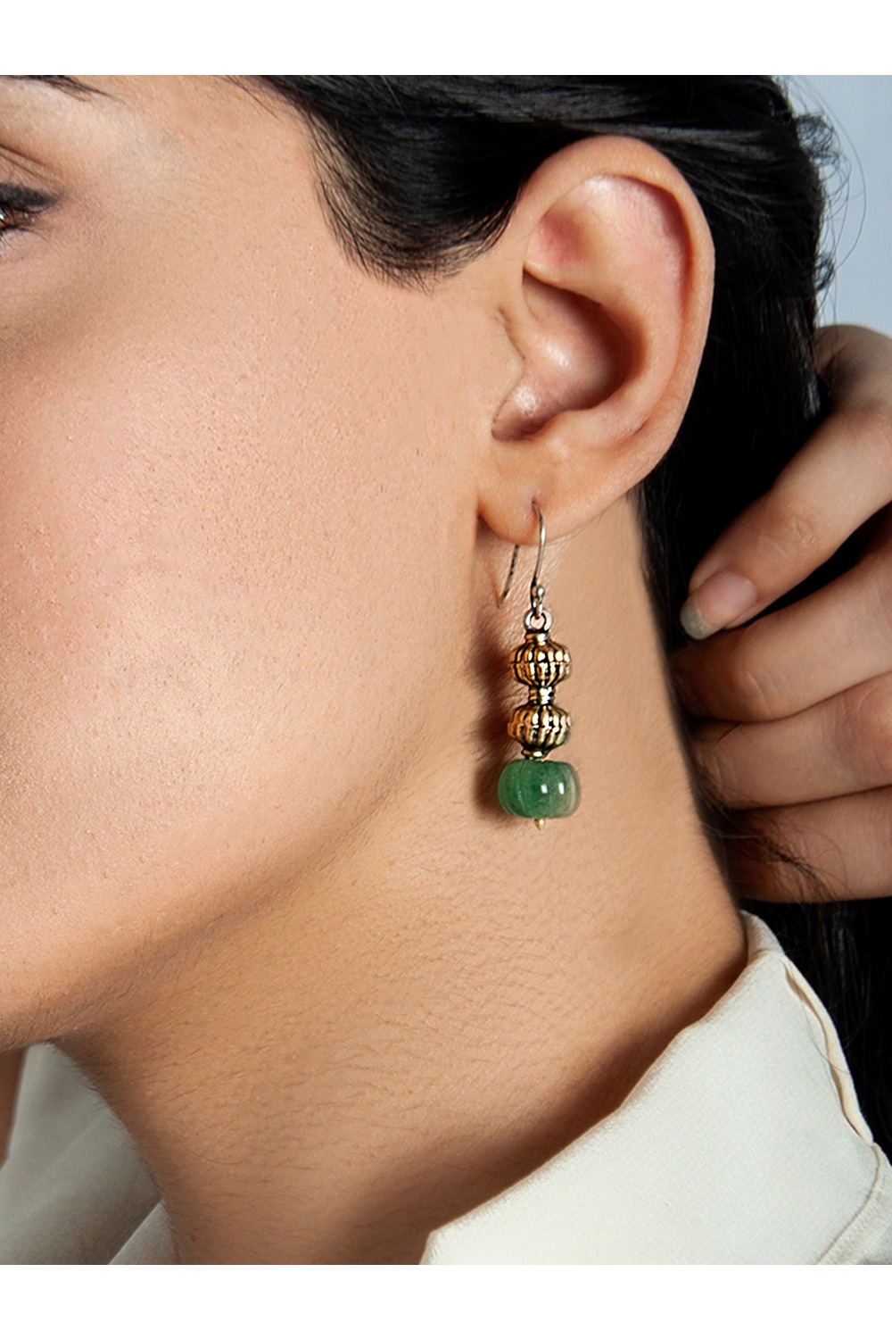 925 Sterling Silver Two Tone Bead Earrings with Melon Cut Green Onyx