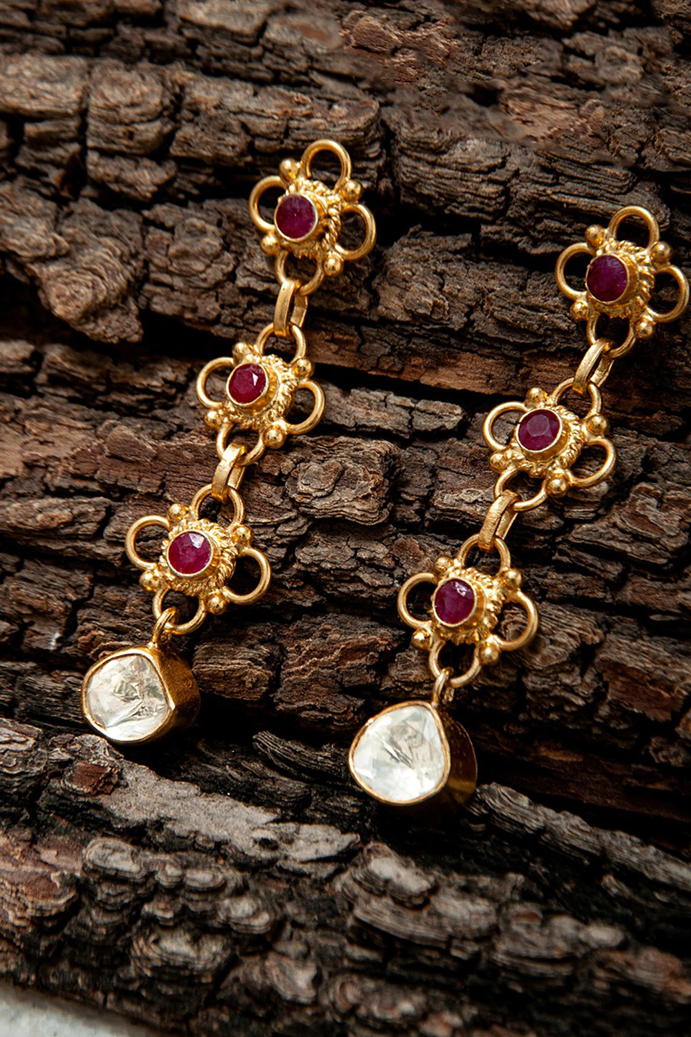 925 Sterling Silver Gold Plated Designer Earring with Moissanite and Ruby