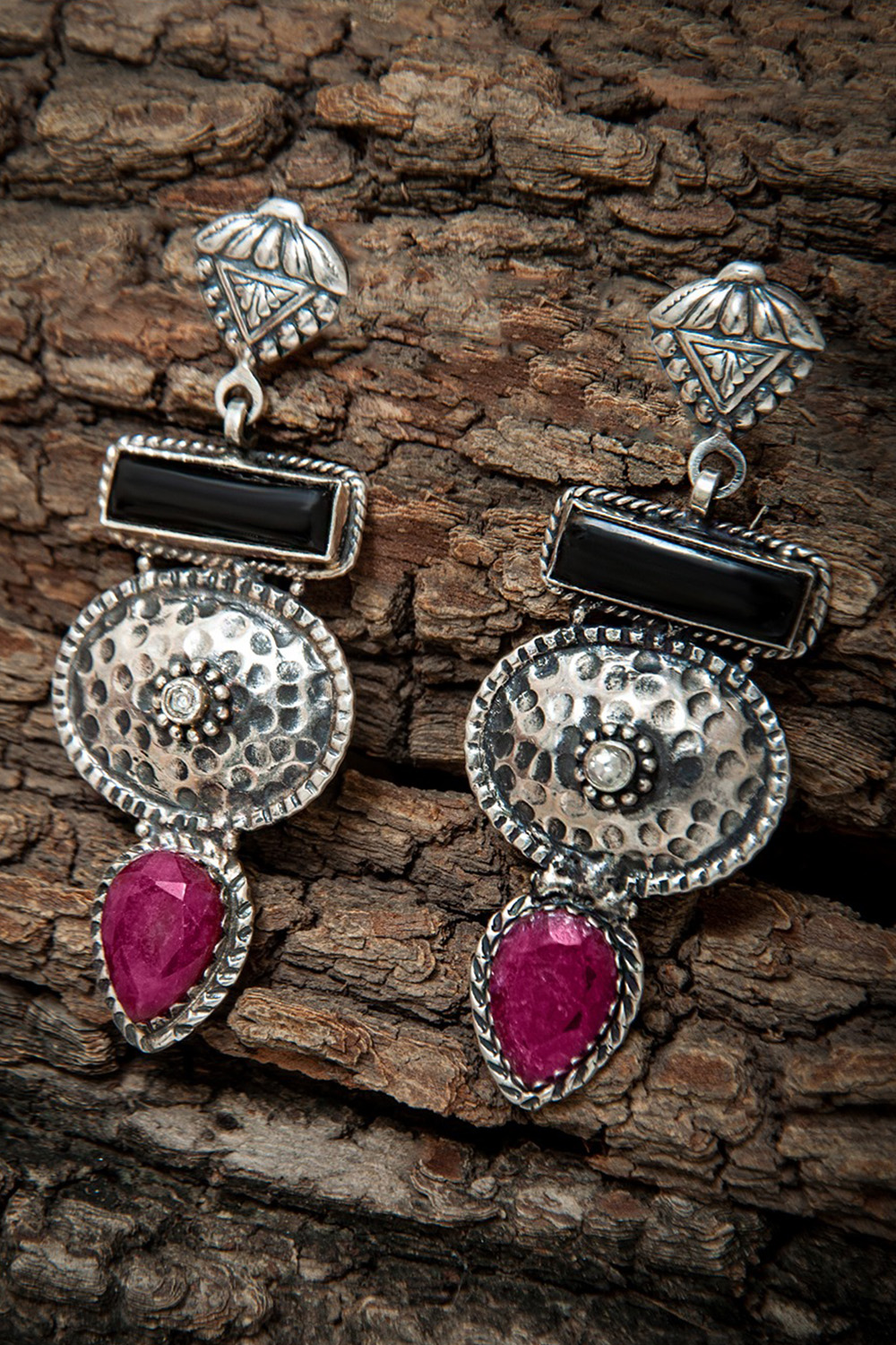 925 Sterling Silver Statement Earrings with Black Onyx and Ruby
