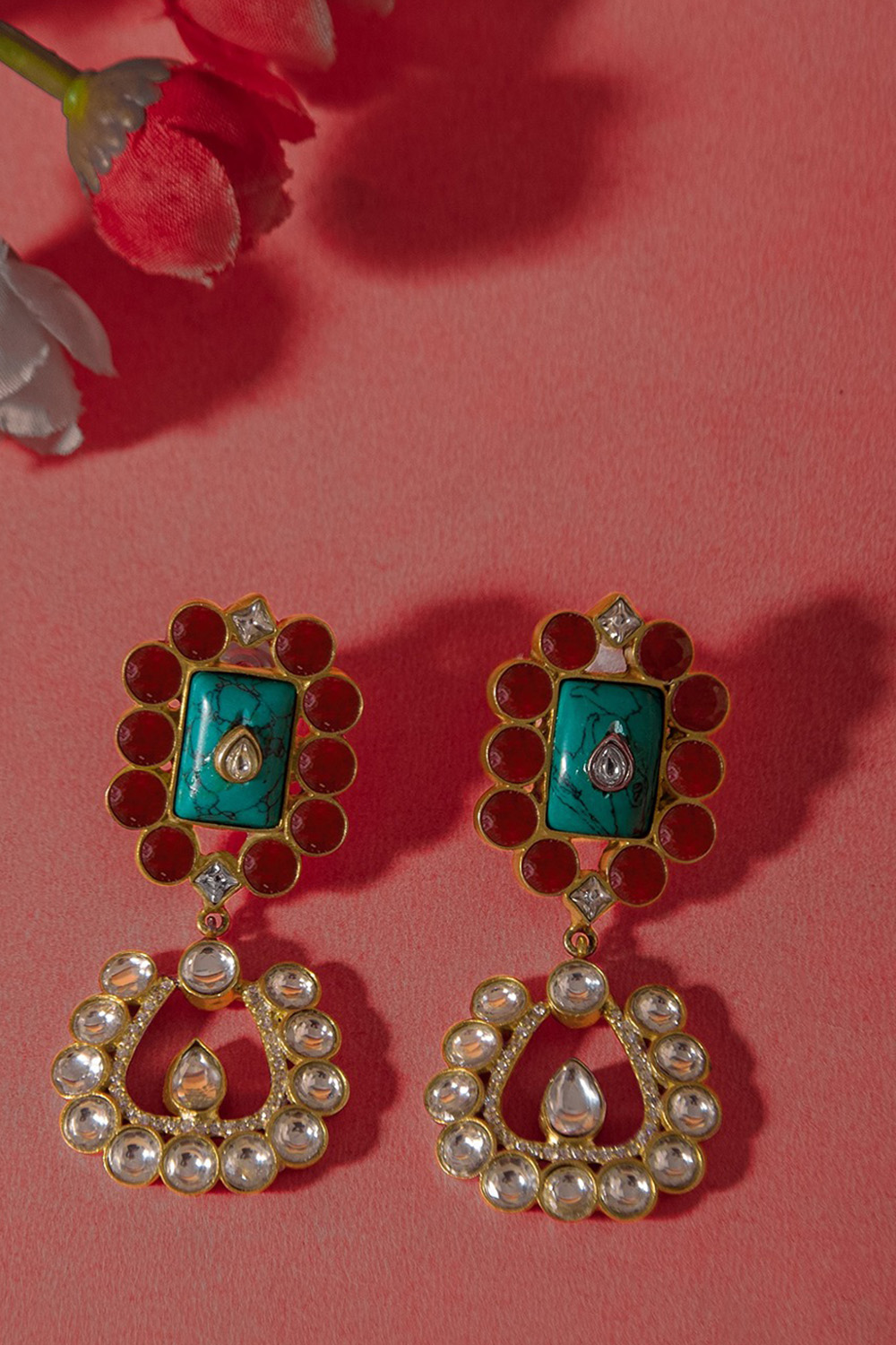 925 Sterling Silver 22K Gold Plated Turquoise Ruby With Kundan Dangler Earring