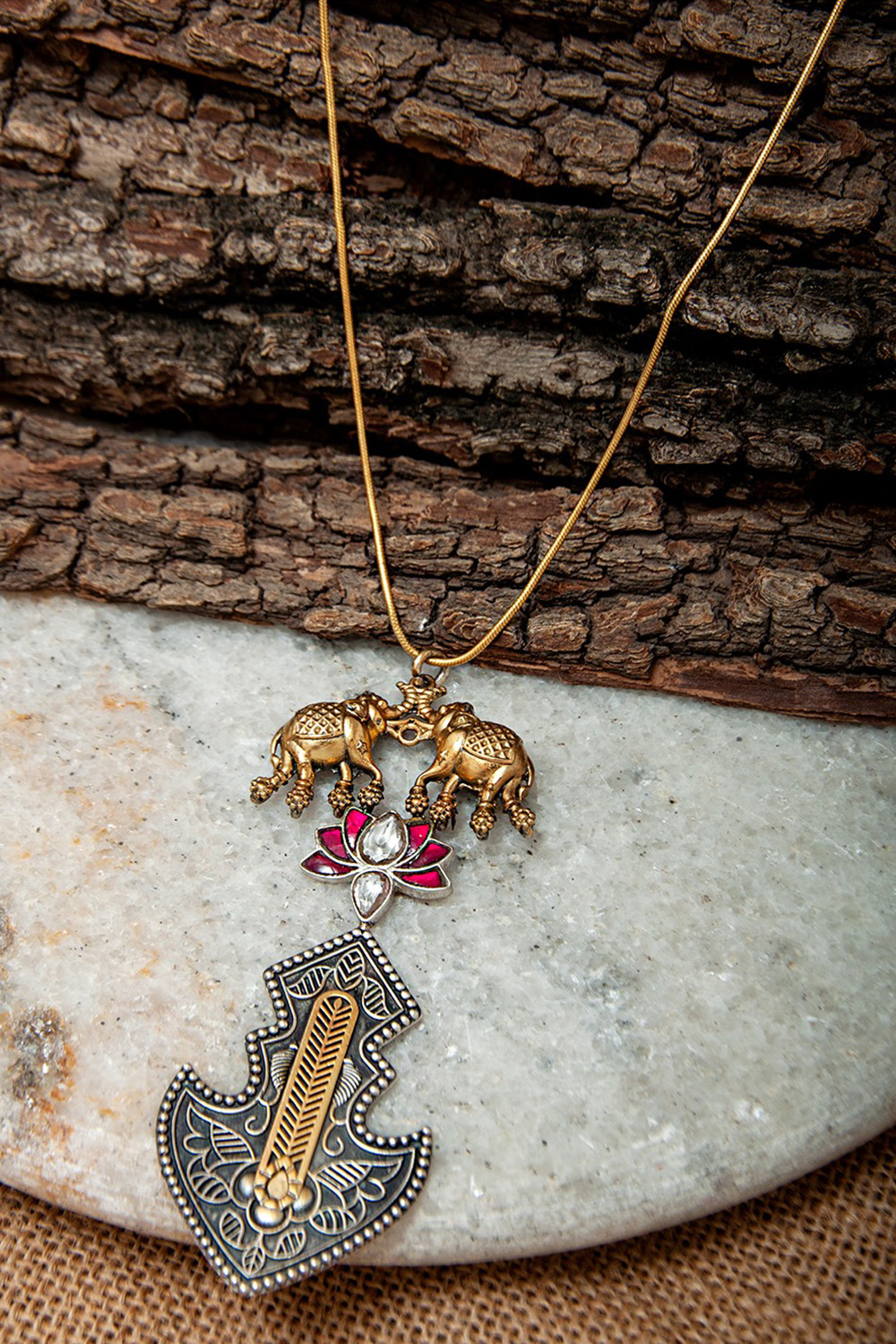 925 Sterling Silver Fusion Designer Elephant and Lotus Necklace 