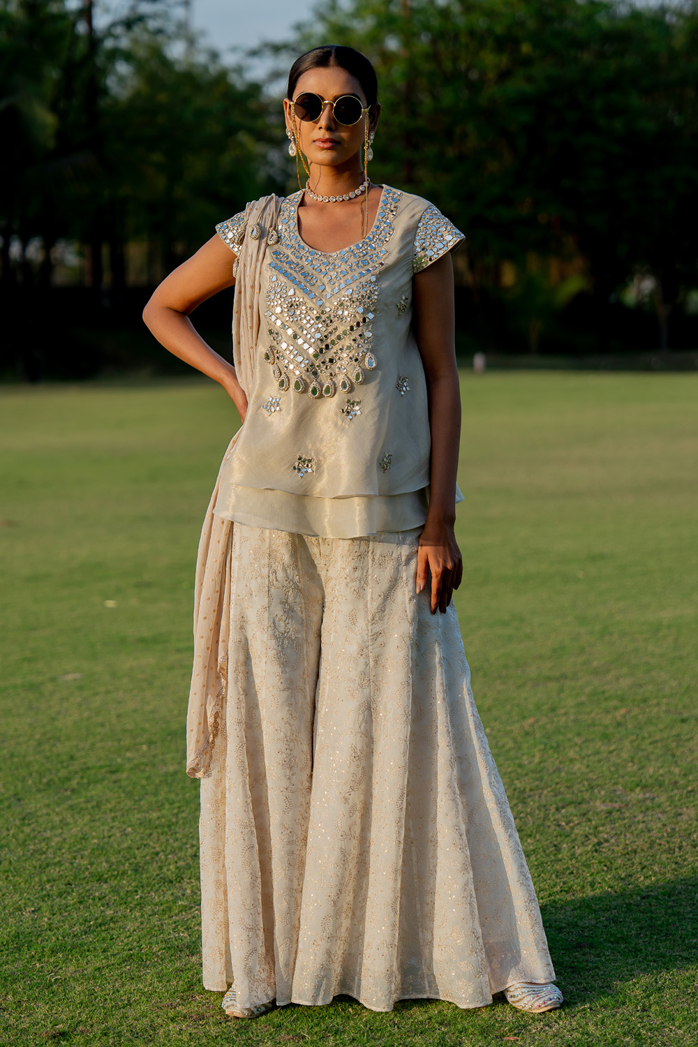 Peplum Top With Jaal Embroidered Bottom & Dupatta