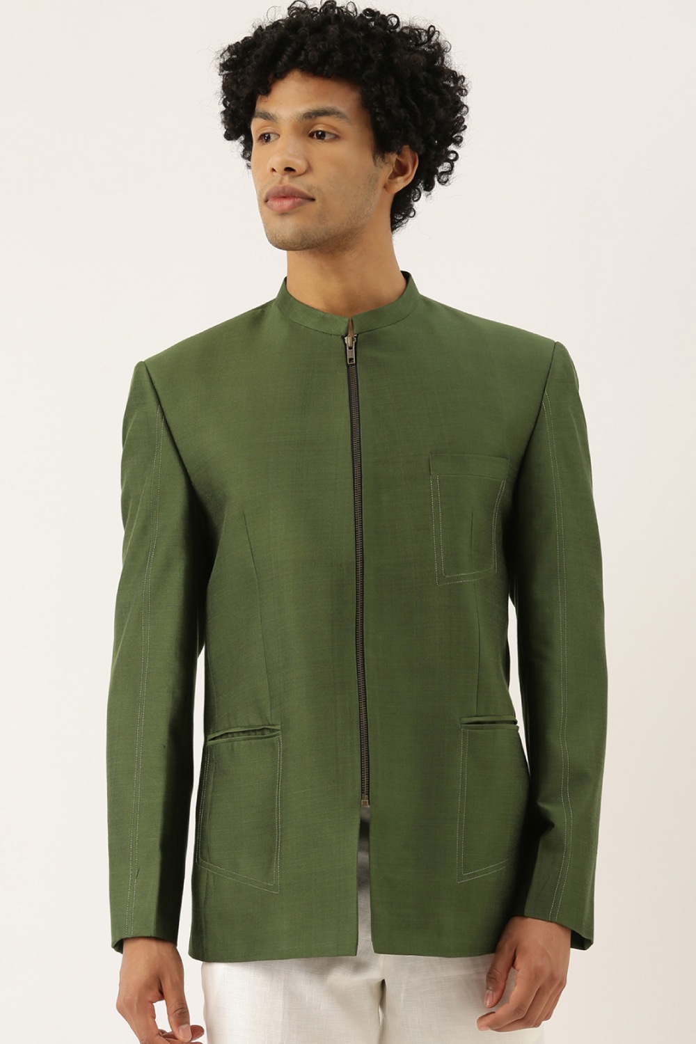 Green Cotton Silk Zipper Bandhgala
