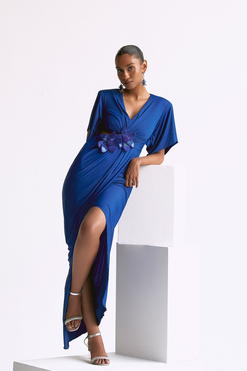 Draped Power Shoulder  Gown