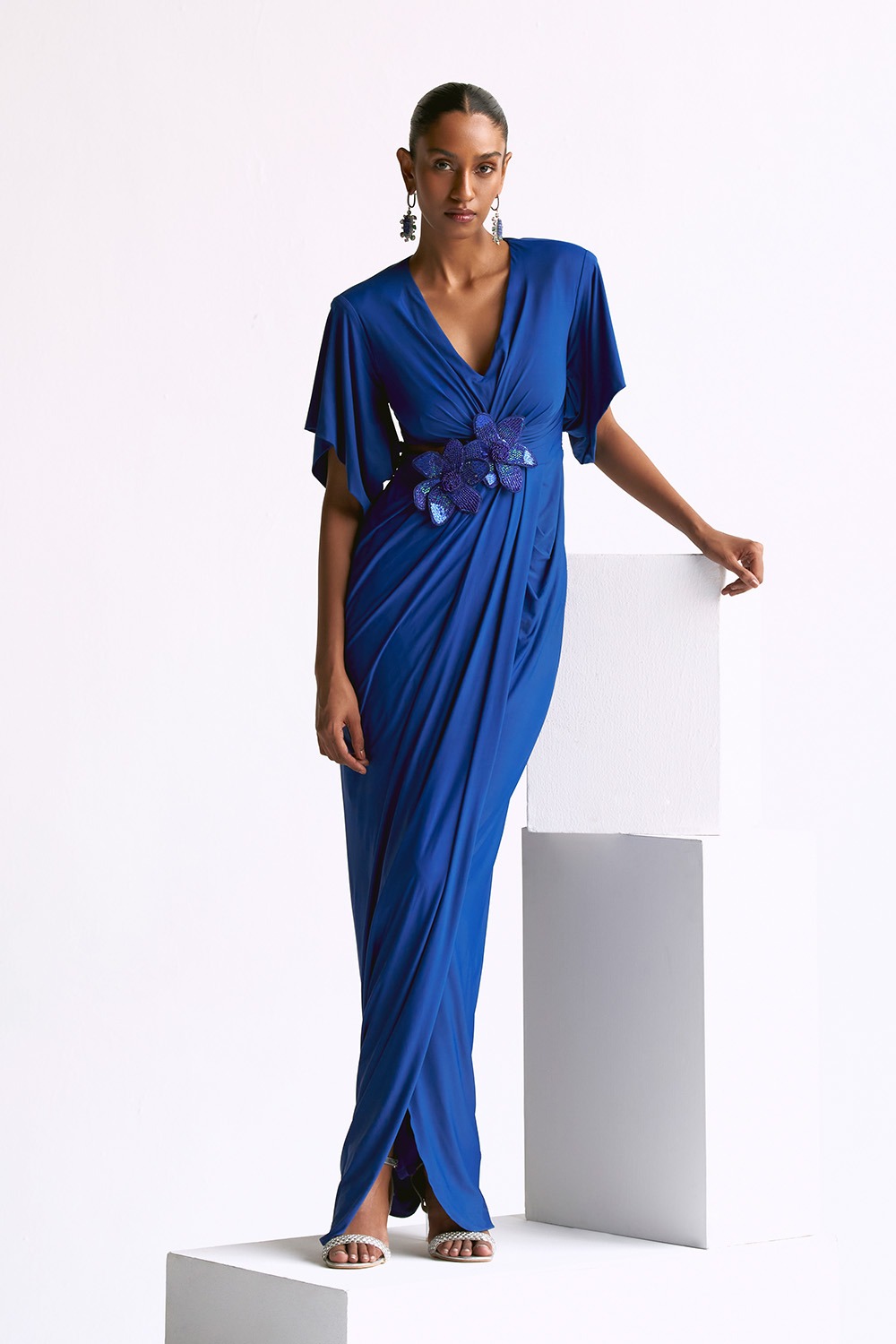 Draped Power Shoulder  Gown