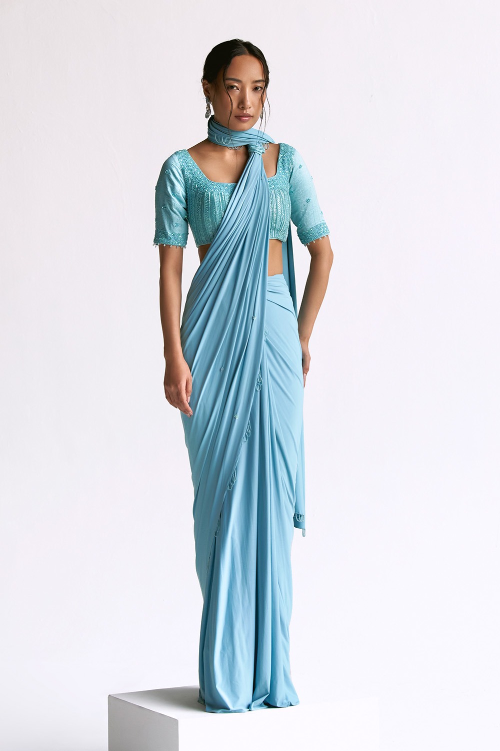 Draped Saree With Elbow Sleeve Blouse 