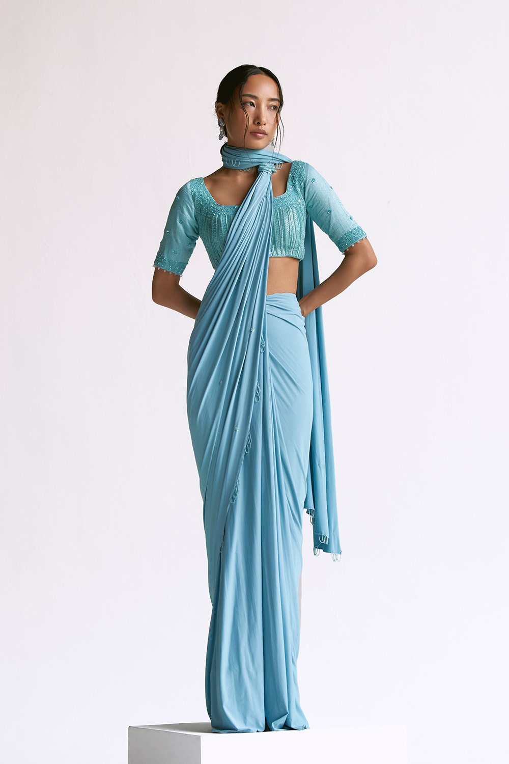 Draped Saree With Elbow Sleeve Blouse 