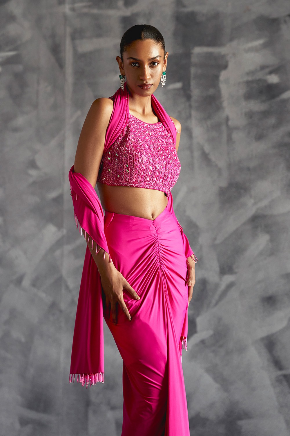 Fitted Gathered Skirt With Embellished Blouse And Dupatta 