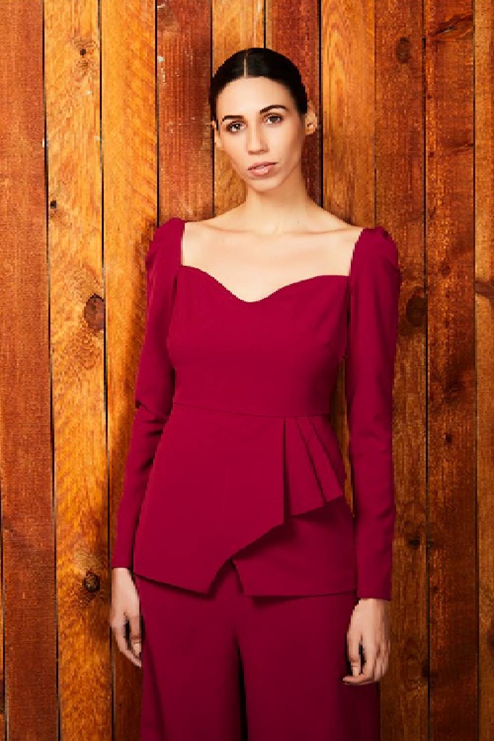 Deep Magenta Layered Peplum Wide Neck Top With Cropped Pants
