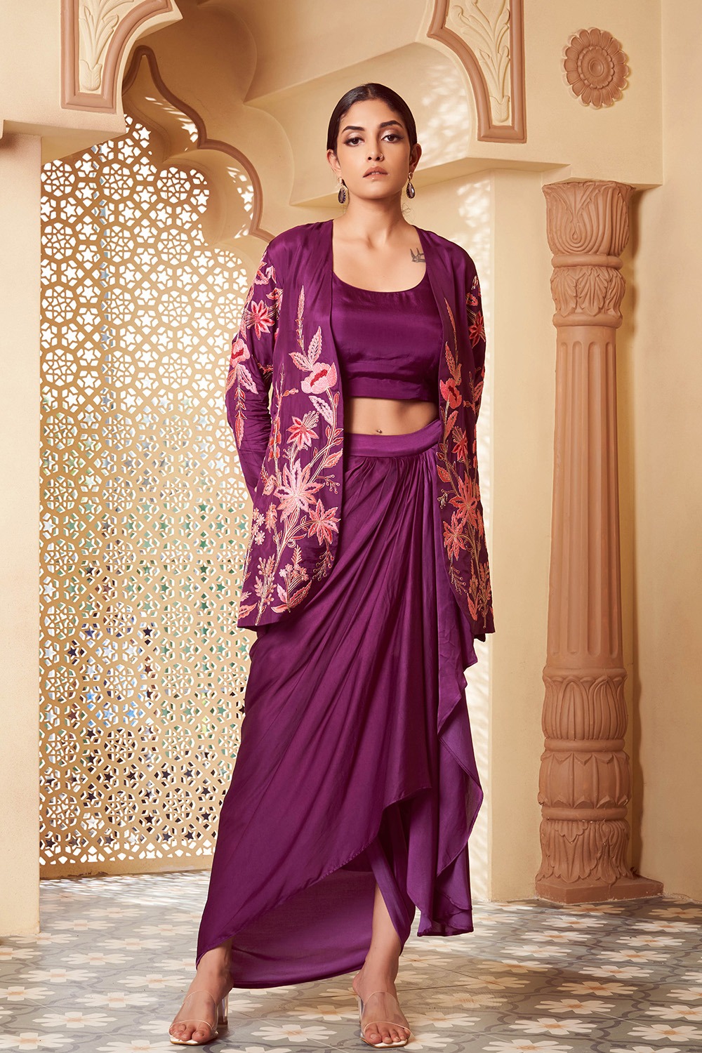 Purple Skirt Set With Embroidered Jacket And Satin Skirt