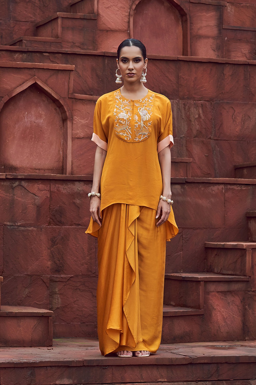 Mustard Yellow Dhoti Skirt Set With Embroidered Crepe Top