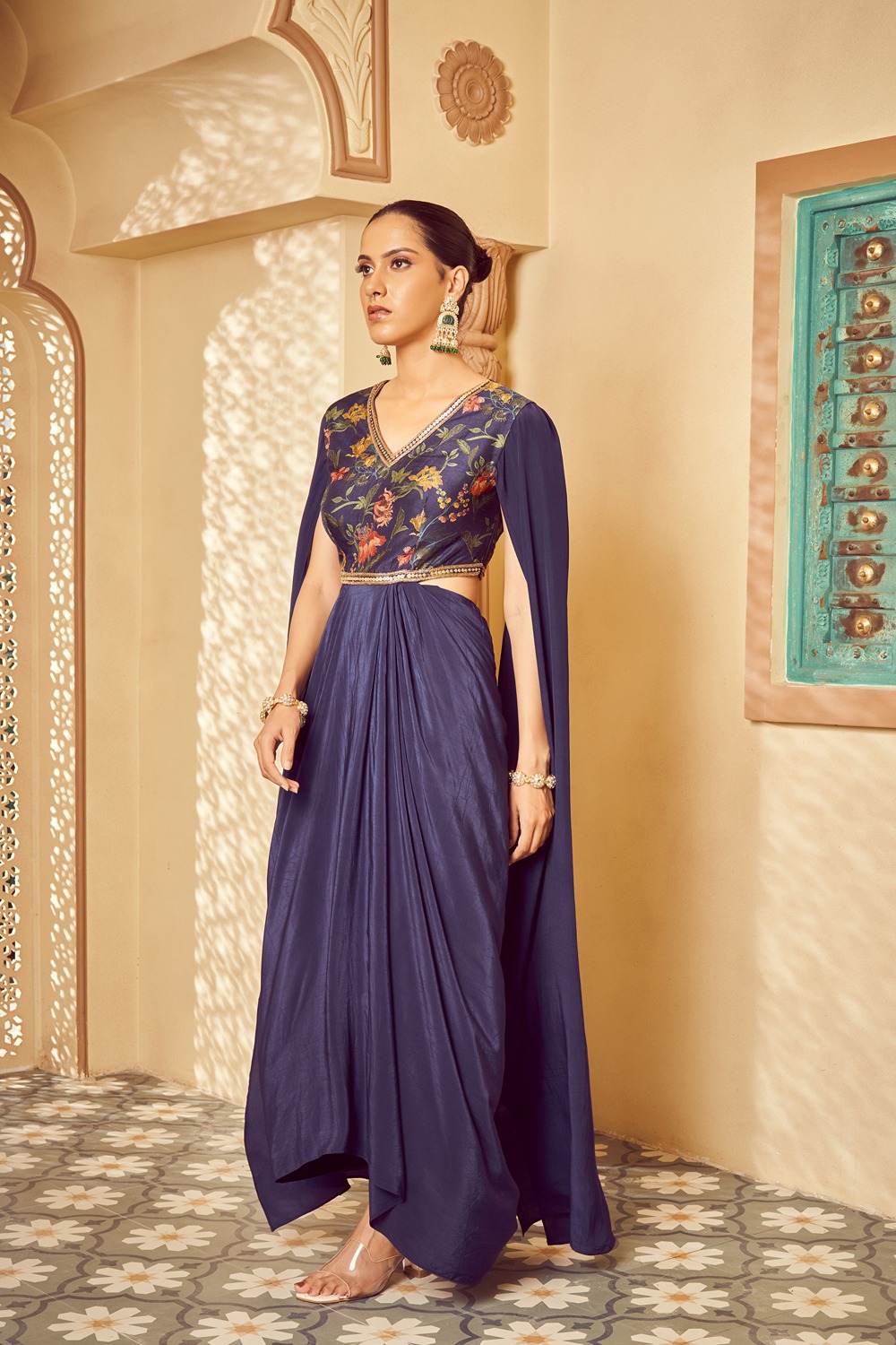 Blue Printed Saree Gown Set With Cape Sleeves