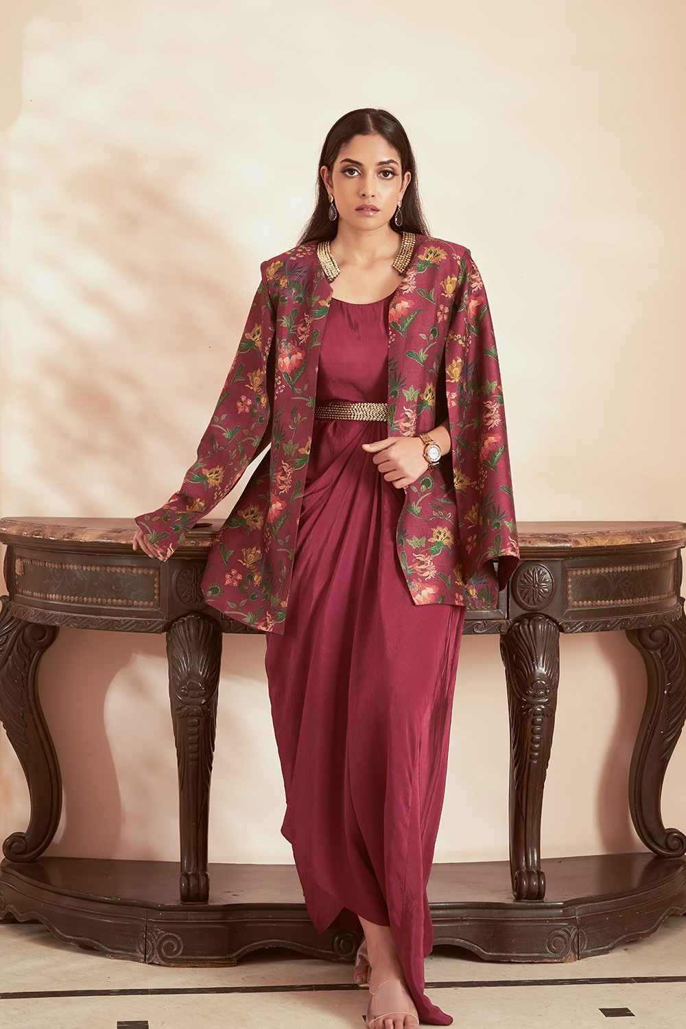 Dark Magenta Fusion Set With Print Jacket And Crepe Drape Gown
