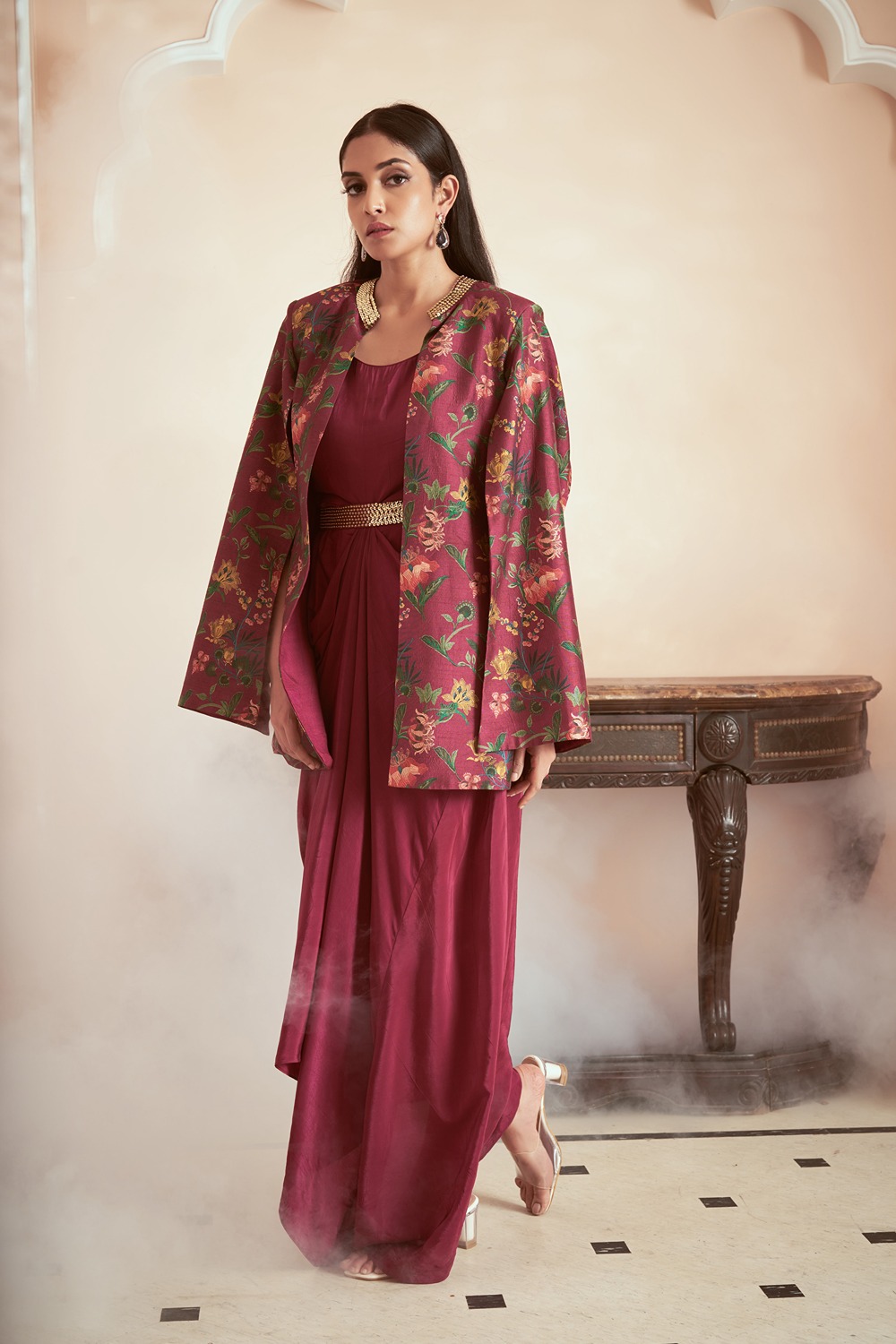 Dark Magenta Fusion Set With Print Jacket And Crepe Drape Gown
