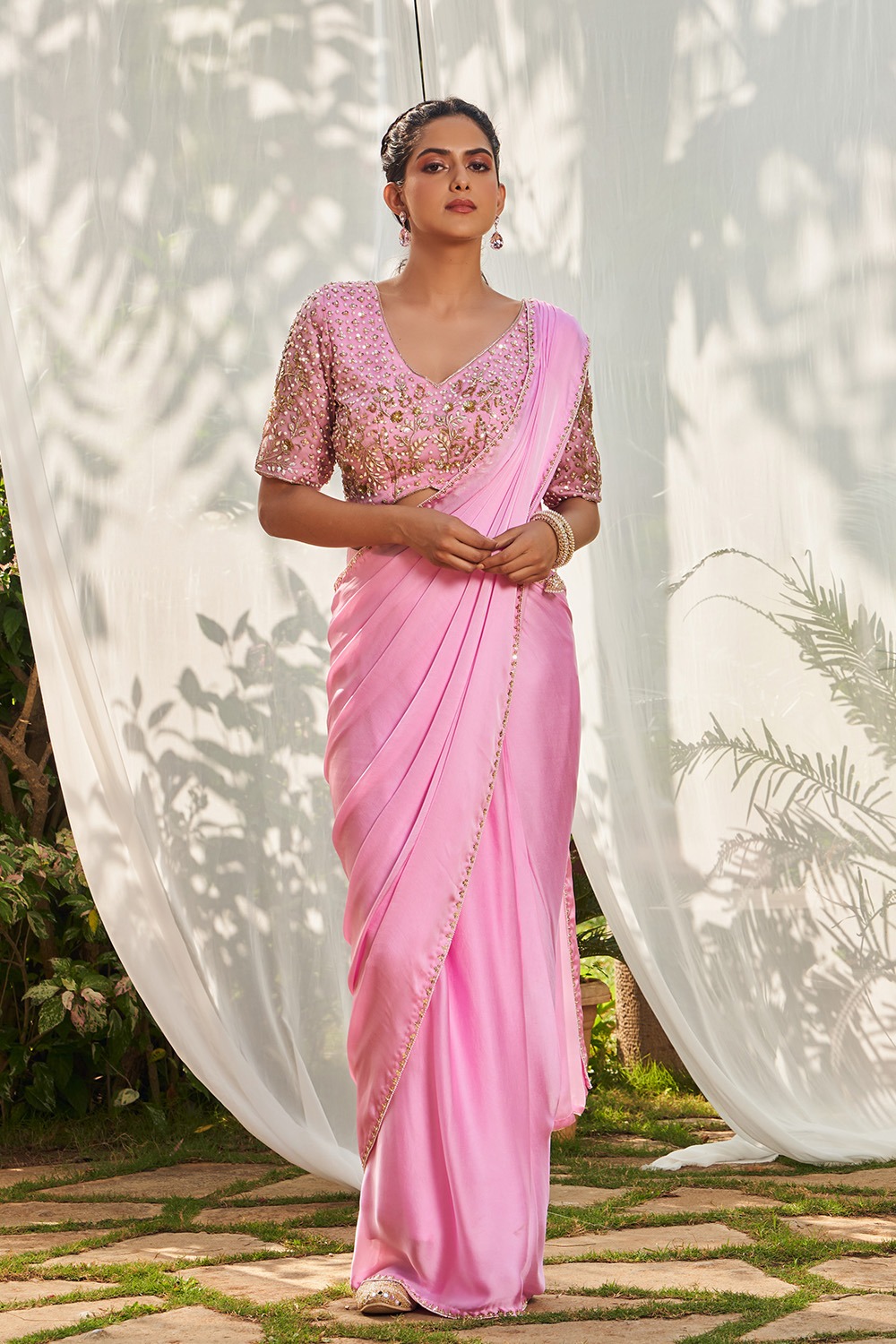 Pink Pre-Stitched Saree With Hand Embroidered Blouse