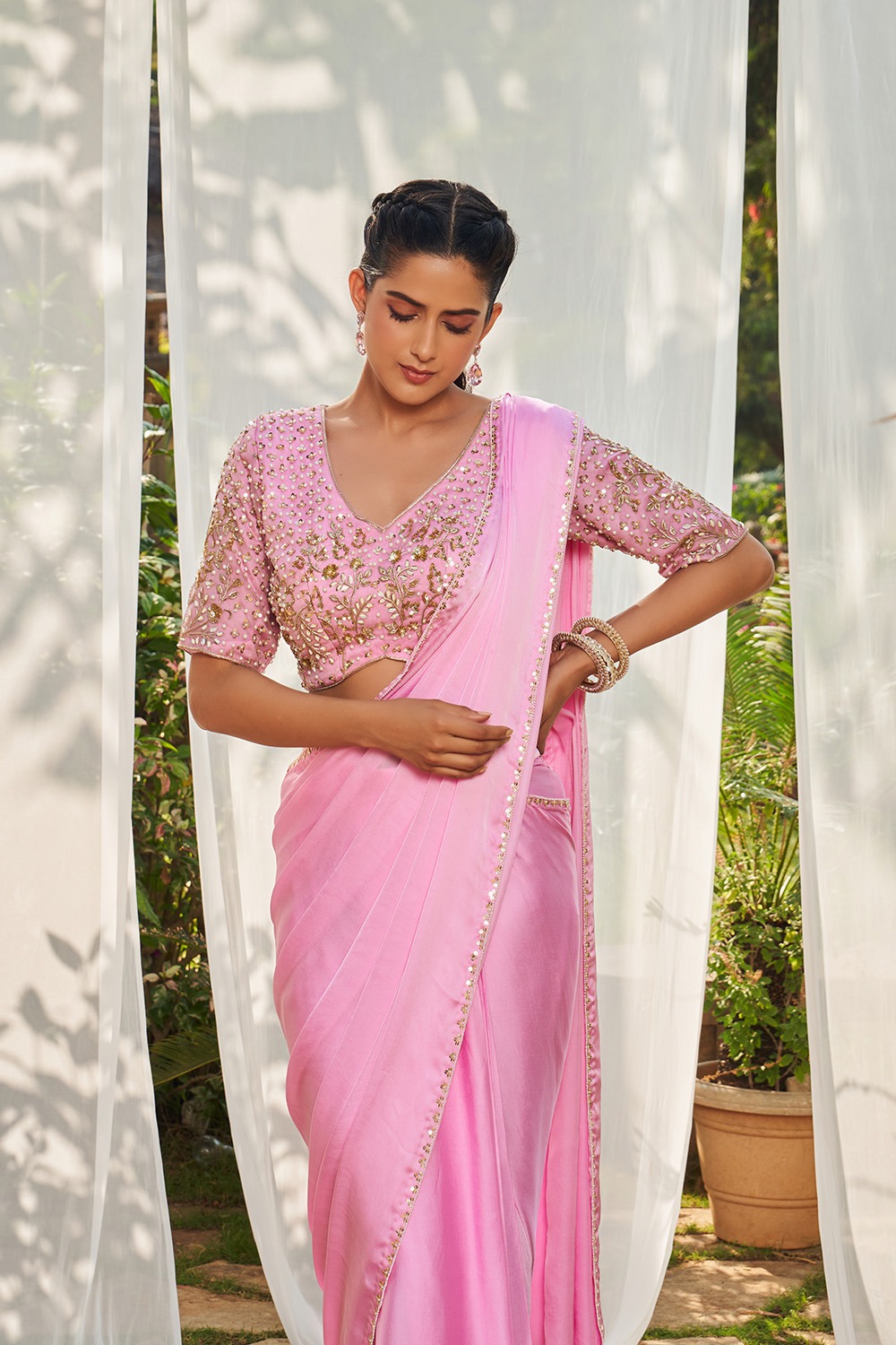 Pink Pre-Stitched Saree With Hand Embroidered Blouse