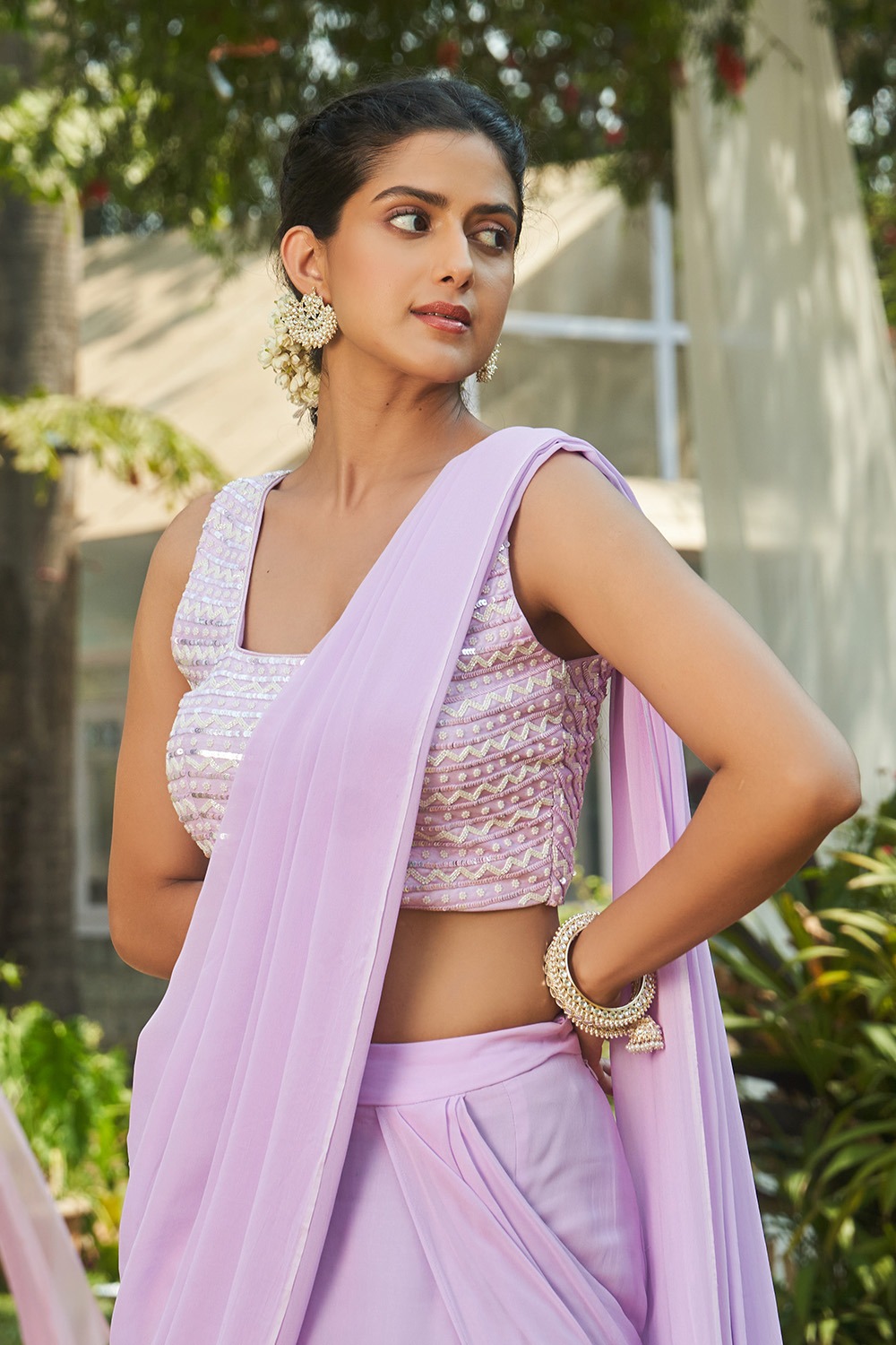 Lilac Pre-Stitched Saree With Hand Embroidered Blouse