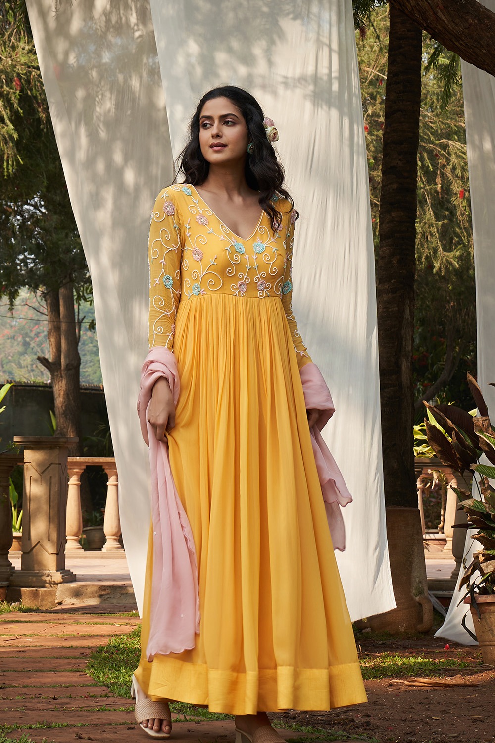 Yellow Hand Embroidered Georgette Anarkali  With Contrast Pink Dupatta Set