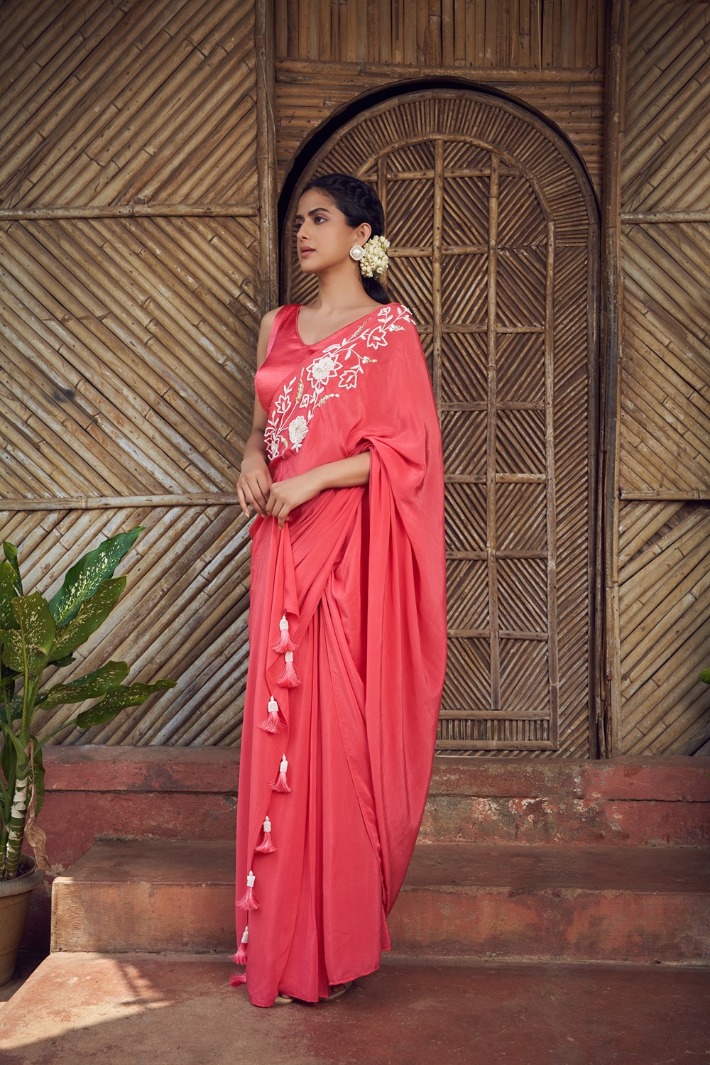 Red Pre-Stitched Hand Embroidered Saree With Blouse 
